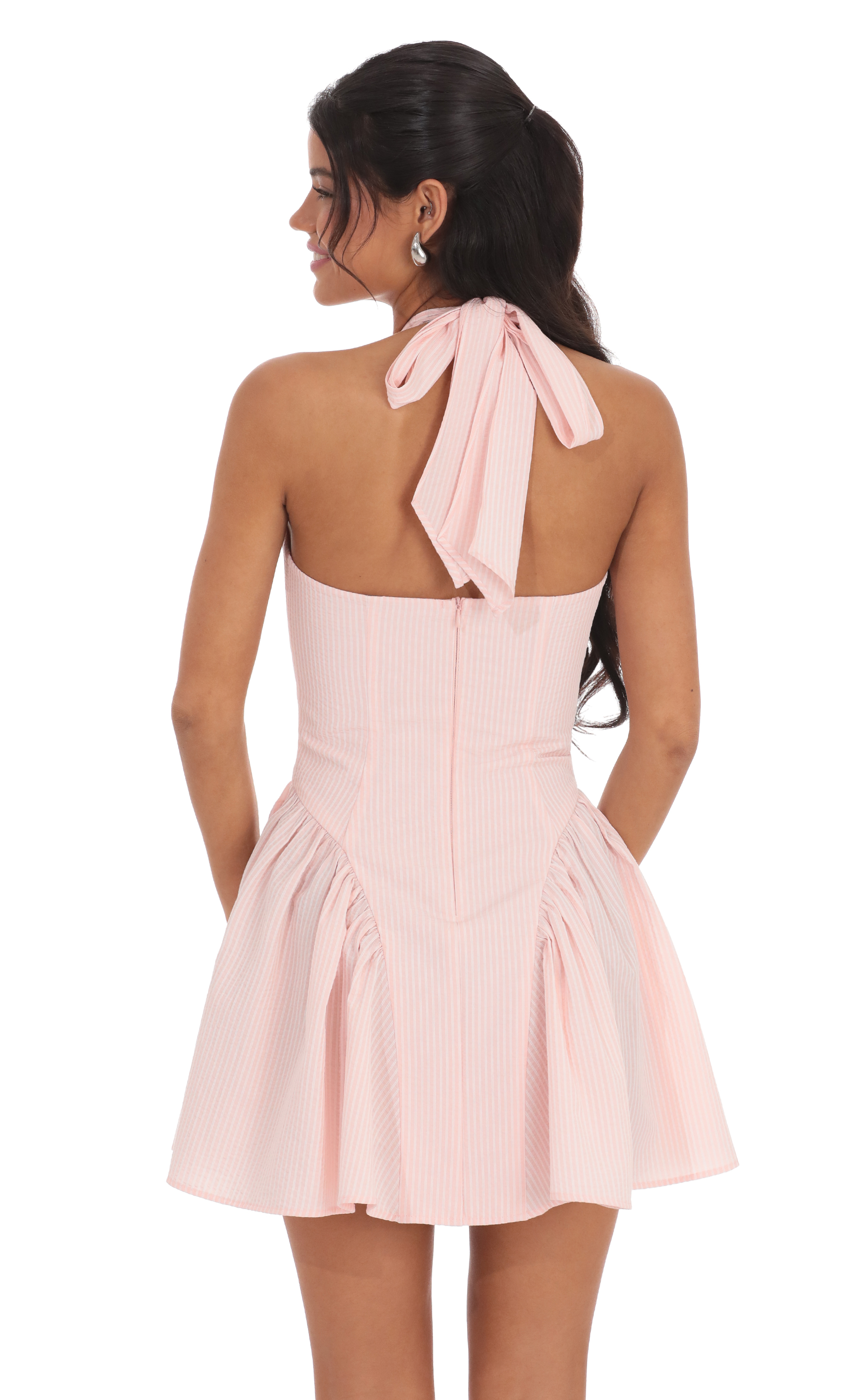 Striped Crinkle Halter Dress in Pink-My Sky Diva
