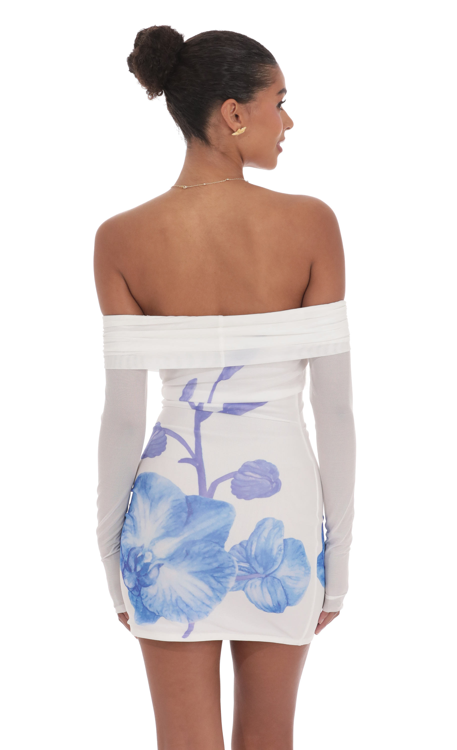 Floral Mesh Off Shoulder Dress in White-My Sky Diva