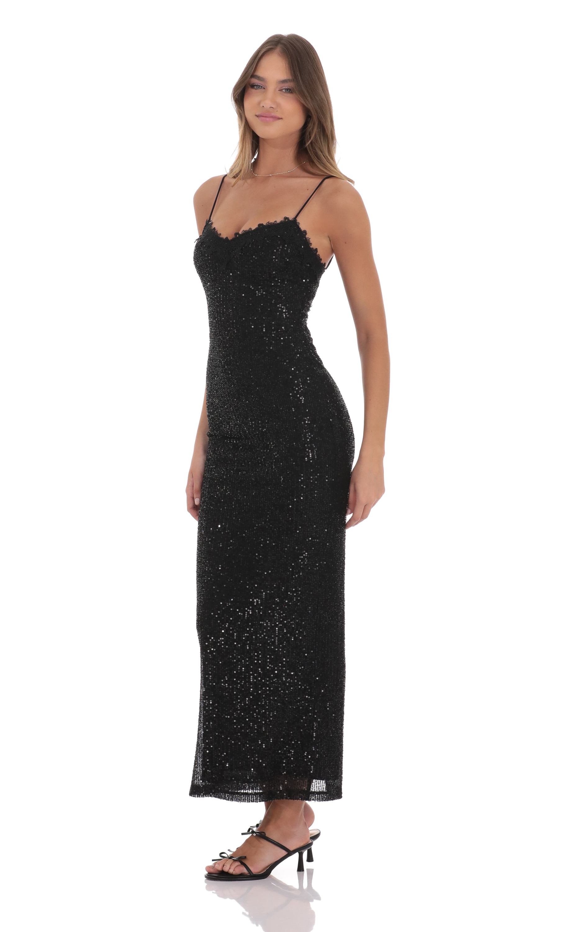 Lace Trim Sequin Maxi Dress in Black-My Sky Diva