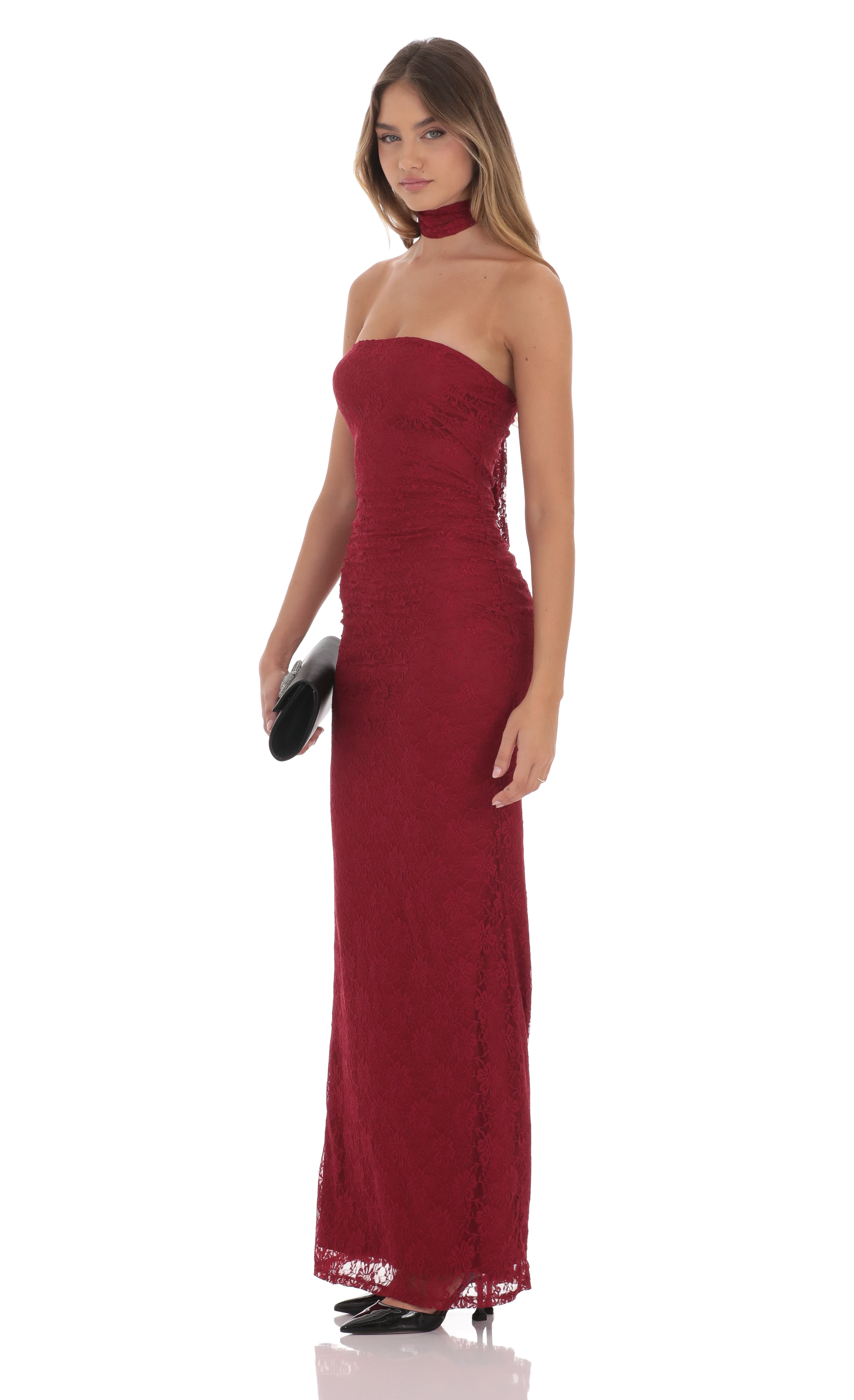 Scarf Lace Maxi Dress in Maroon-My Sky Diva