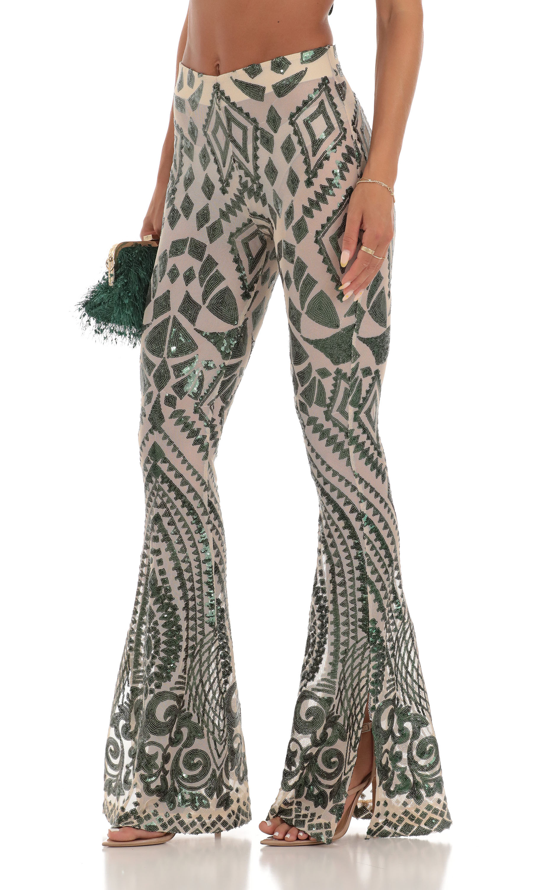 Sequin One Shoulder Two Piece Set in Green-My Sky Diva