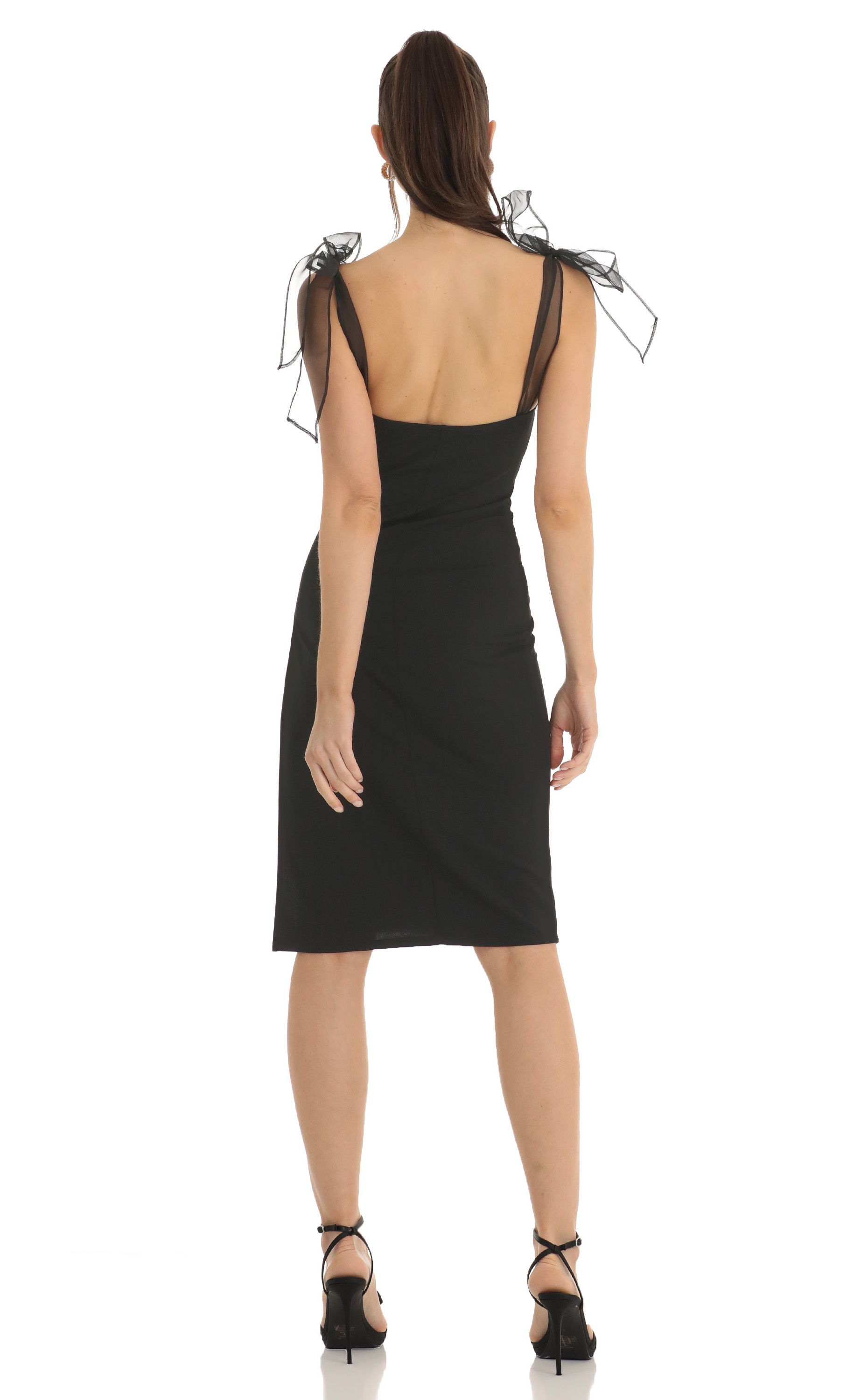 Shoulder Bow Tie Crepe Midi Dress in Black-My Sky Diva