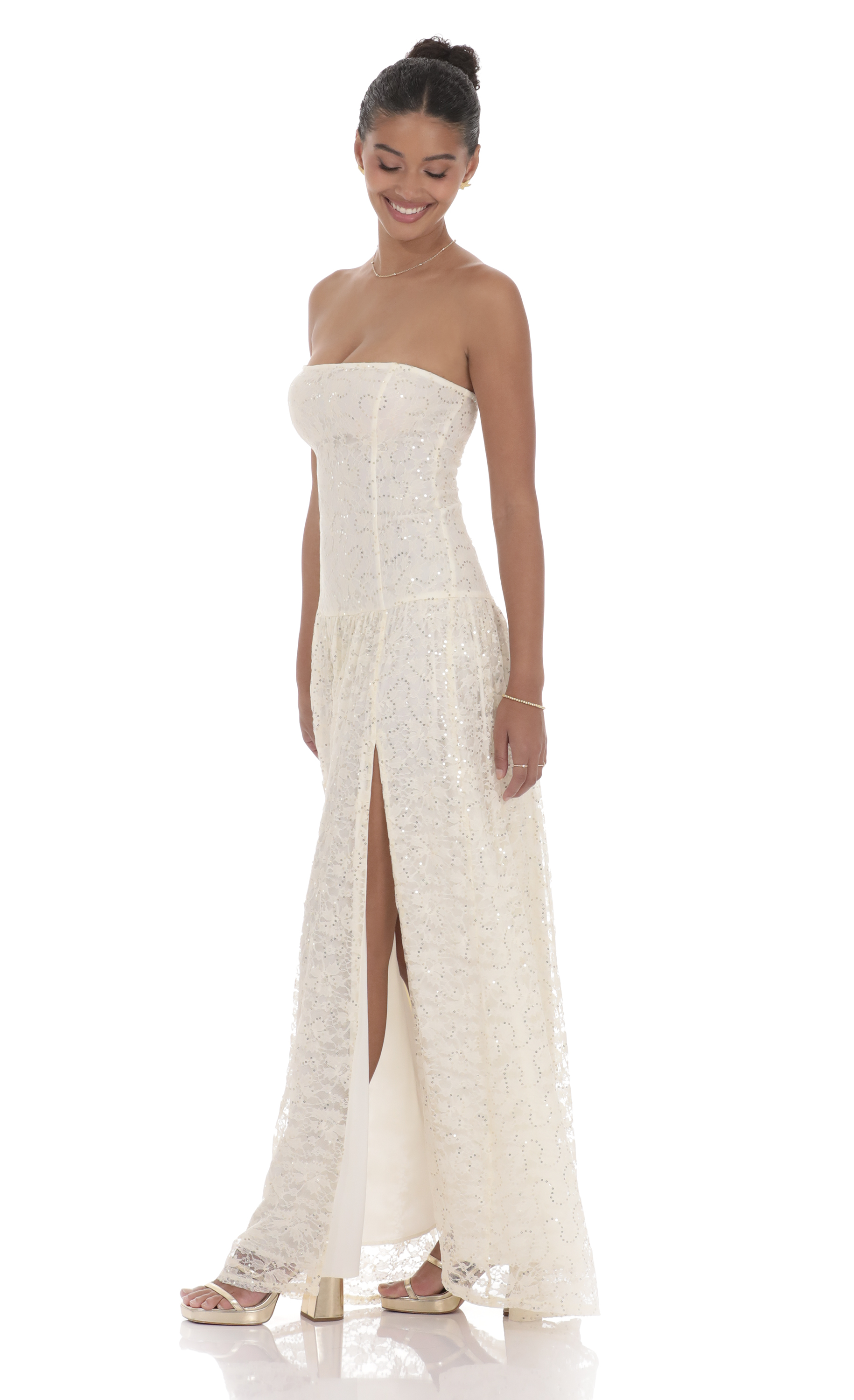 Lace Sequin Drop Waist Maxi Dress in Cream-My Sky Diva