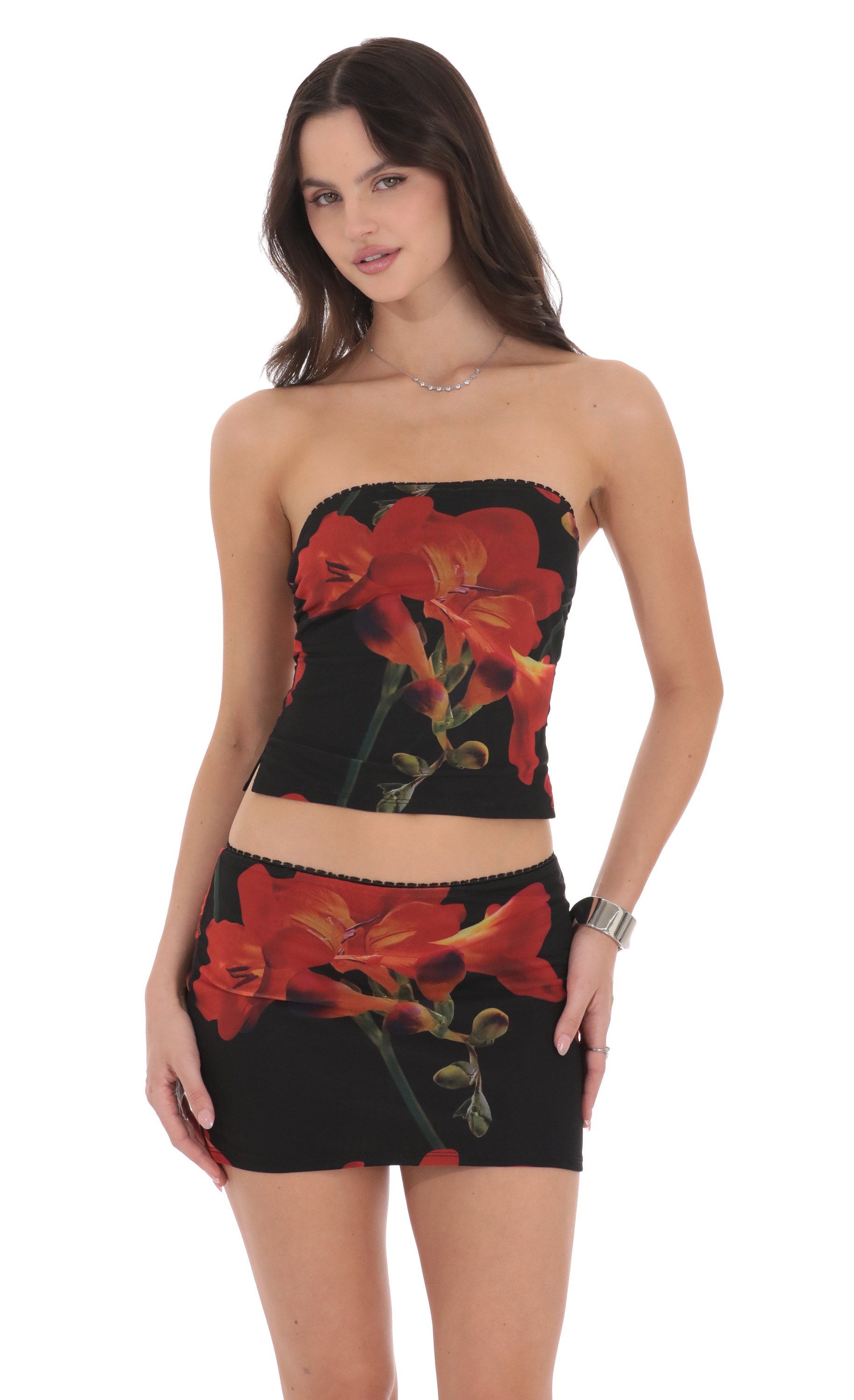 Mesh Floral Tube Top in Black-My Sky Diva