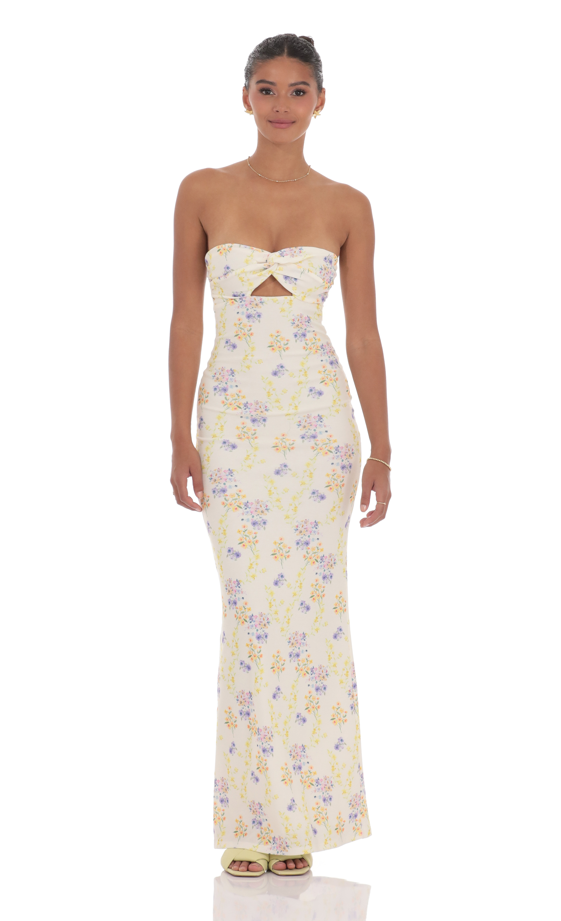 Floral Ribbed Cutout Twist Maxi Dress in Yellow-My Sky Diva