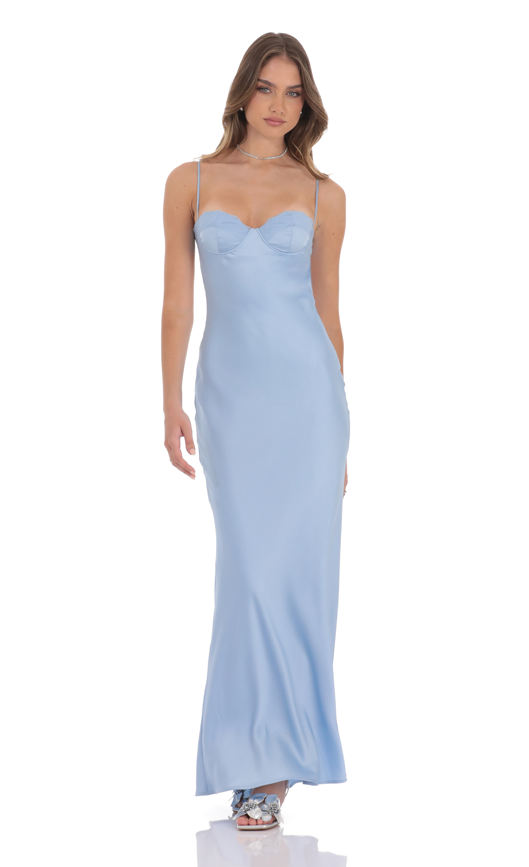 Open Back Satin Maxi Dress in Light Blue-My Sky Diva