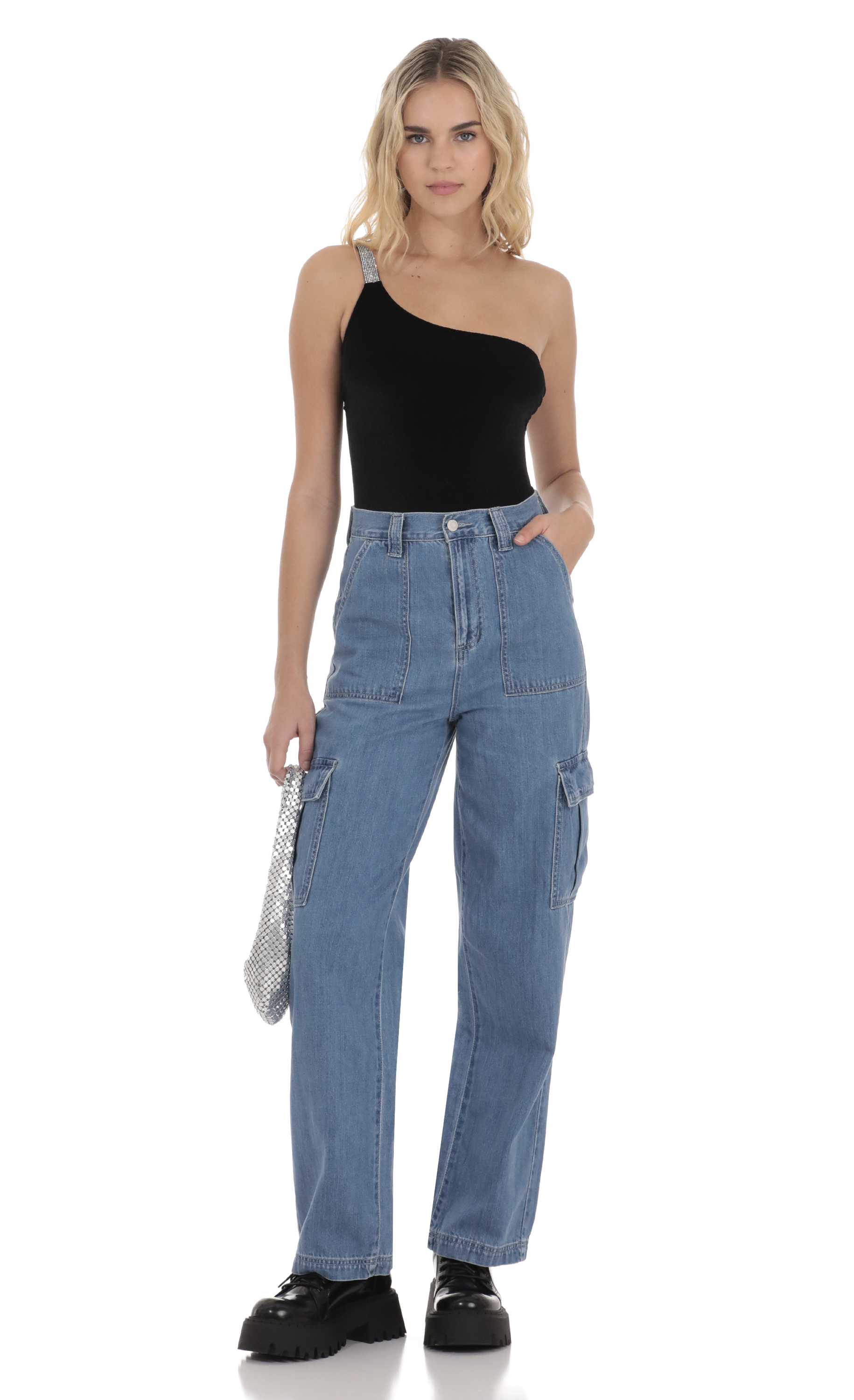Wide Leg Cargo Jeans in Light Denim-My Sky Diva