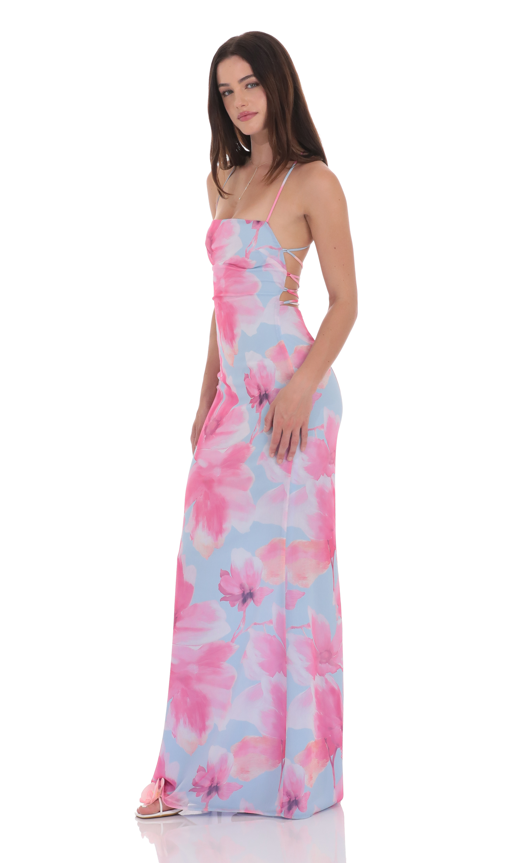 Floral Open Back Maxi Dress in Blue and Pink-My Sky Diva