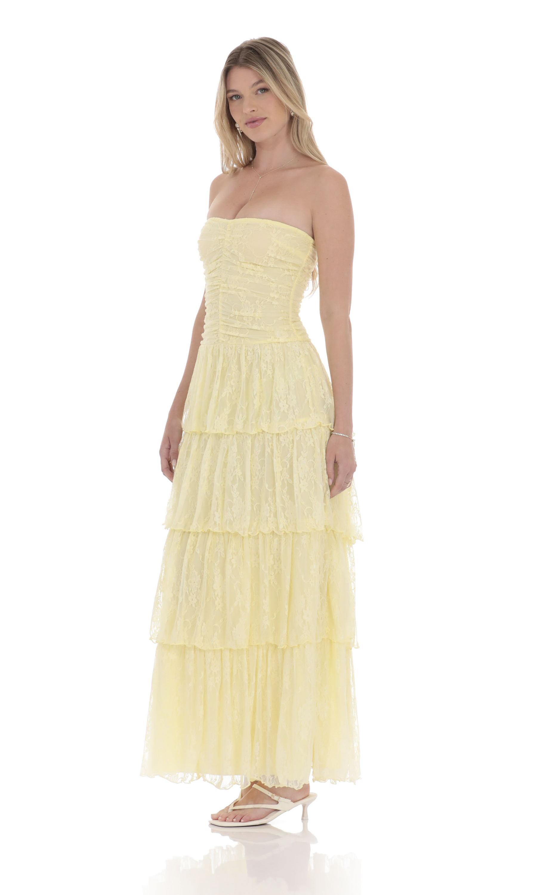 Lace Ruched Ruffle Maxi Dress in Yellow-My Sky Diva