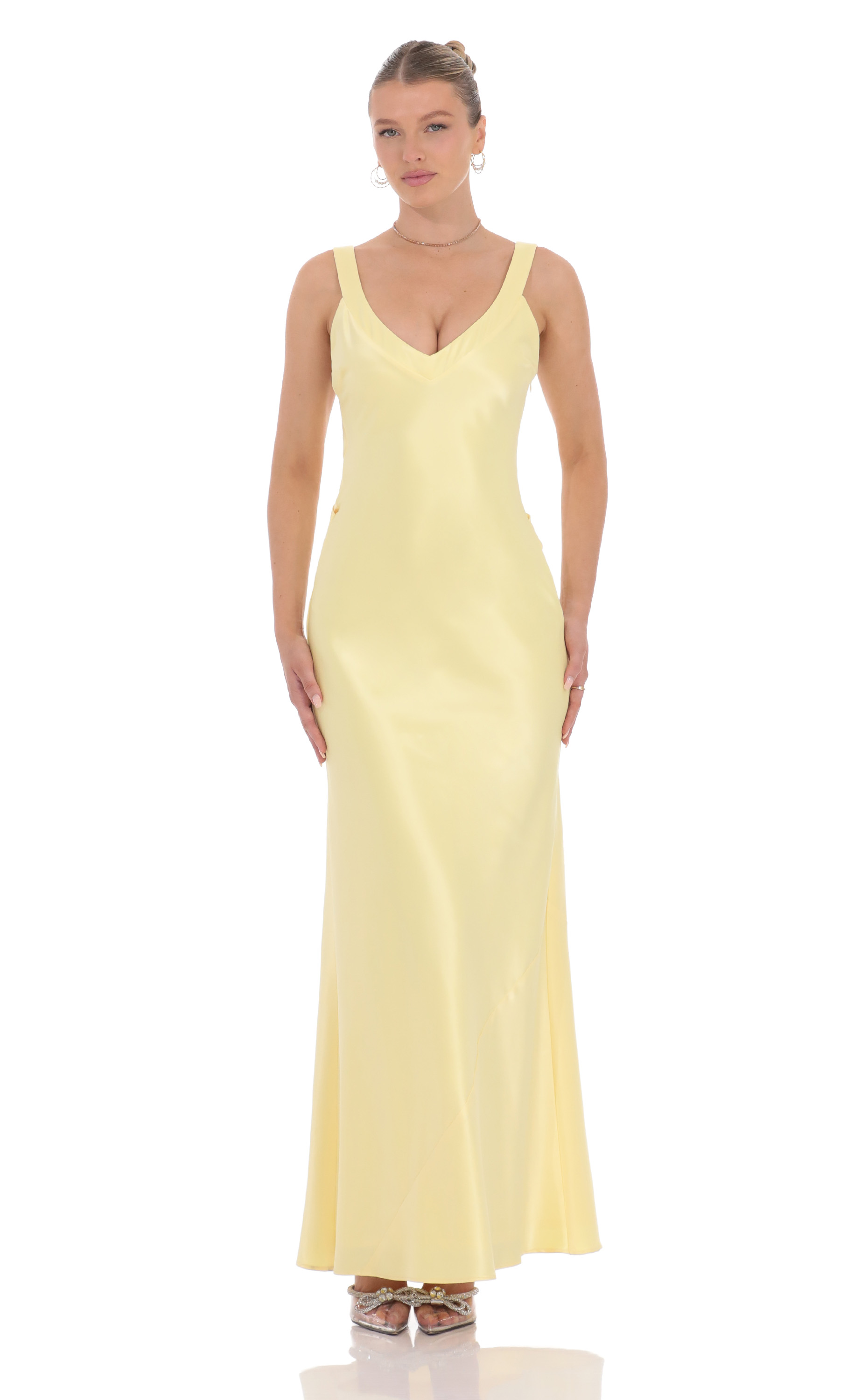 Satin Open Back Maxi Dress in Yellow-My Sky Diva