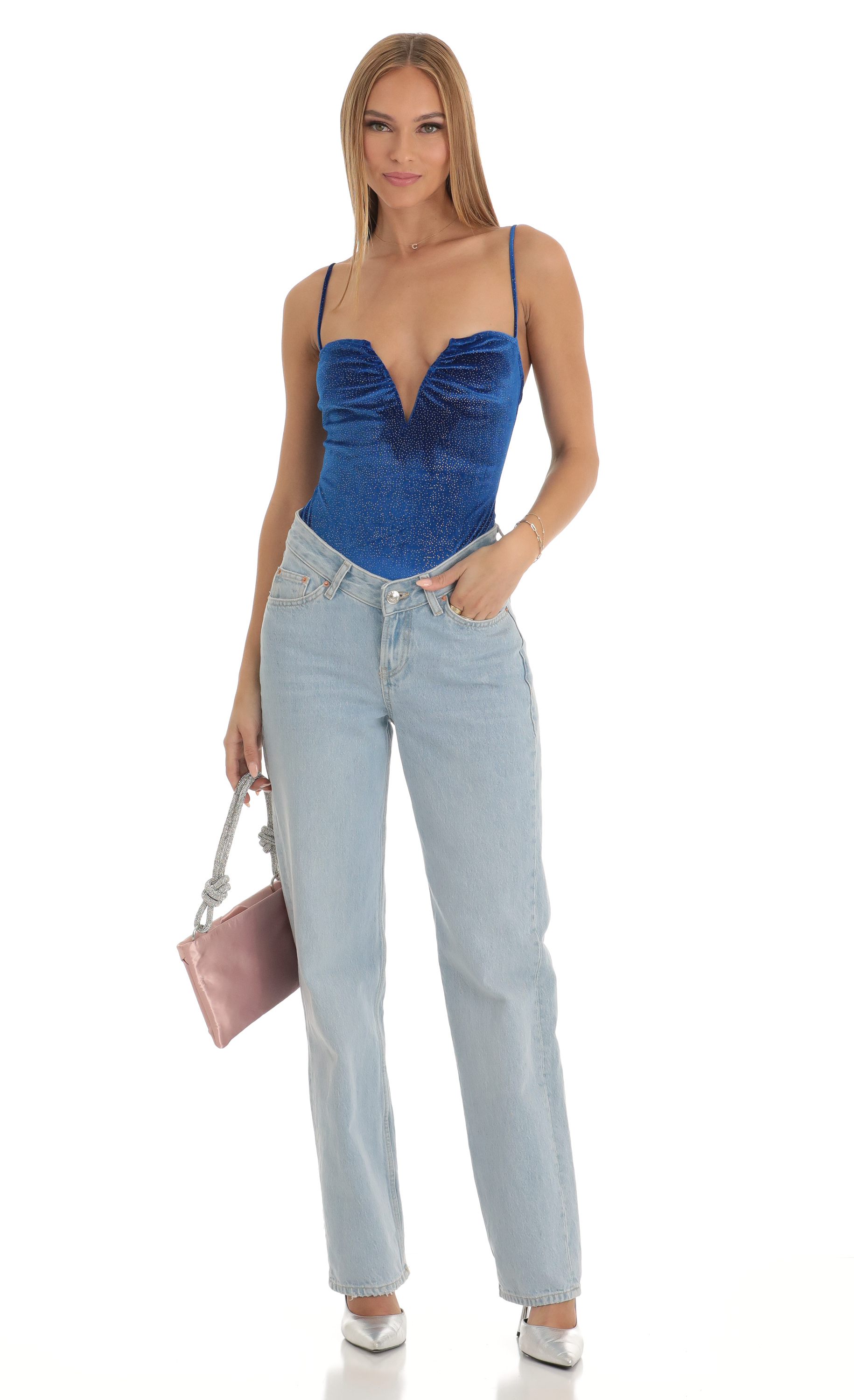 V-Neck Velvet Bodysuit in Blue-My Sky Diva