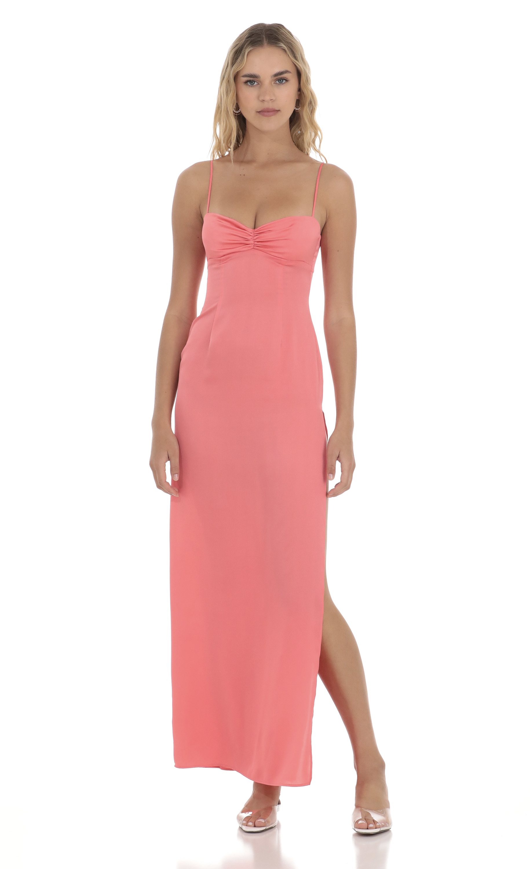 Satin Cinched Maxi Dress in Coral-My Sky Diva