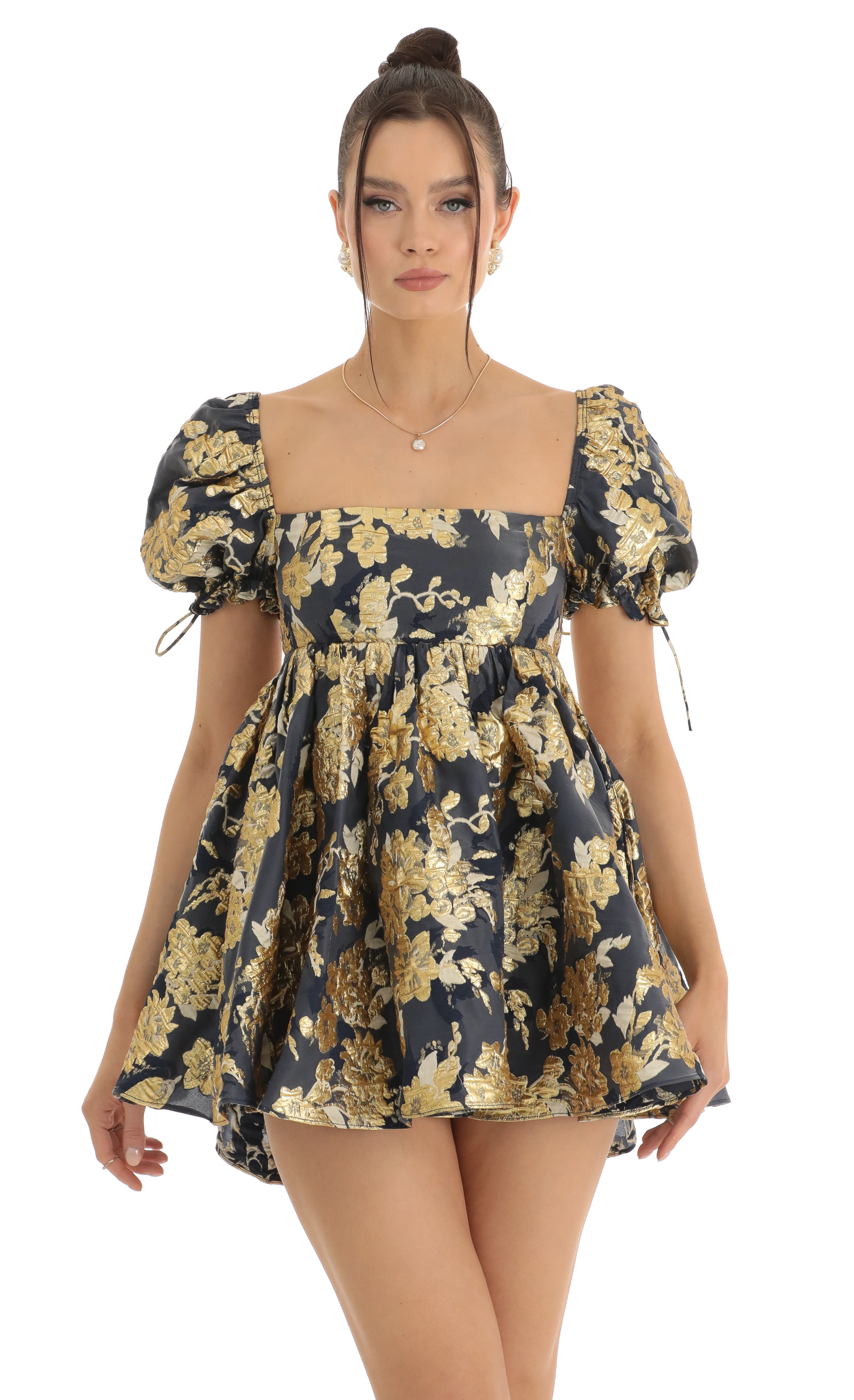 Cheri Gold Floral Jacquard Baby Dolly Dress in Navy-My Sky Diva