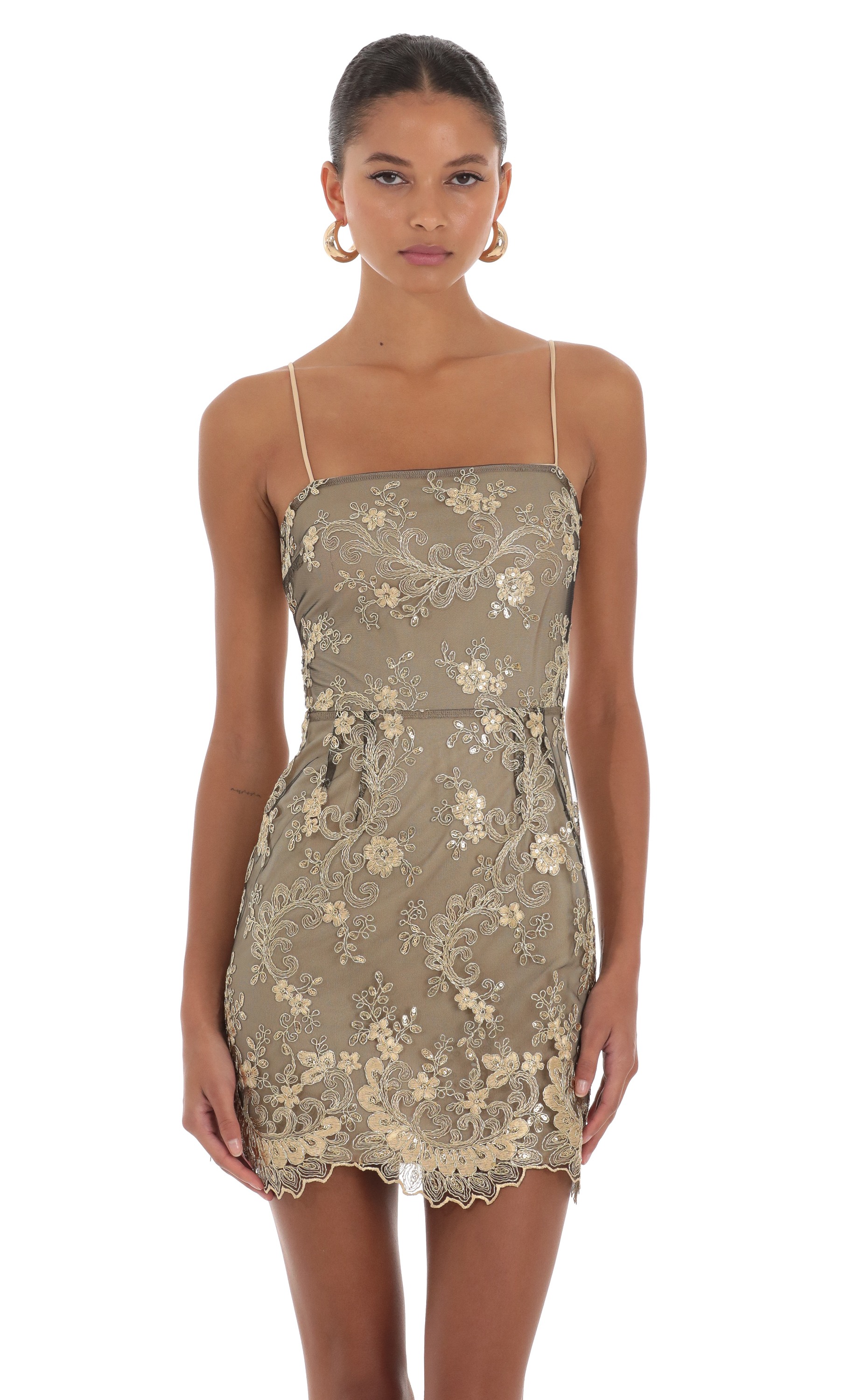 Floral Embroidered Dress in Gold-My Sky Diva