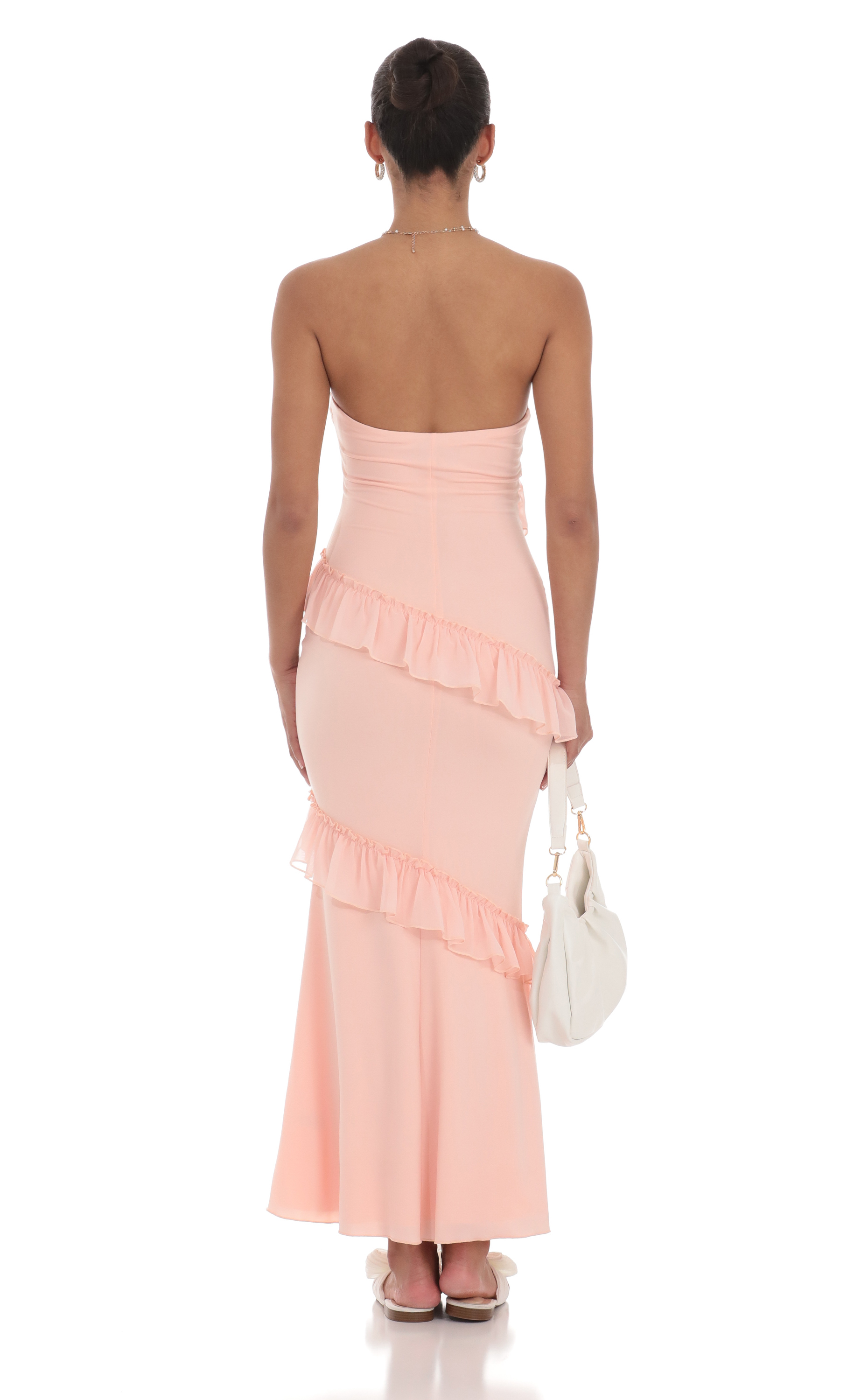 Strapless Spiral Ruffle Maxi Dress in Peach-My Sky Diva