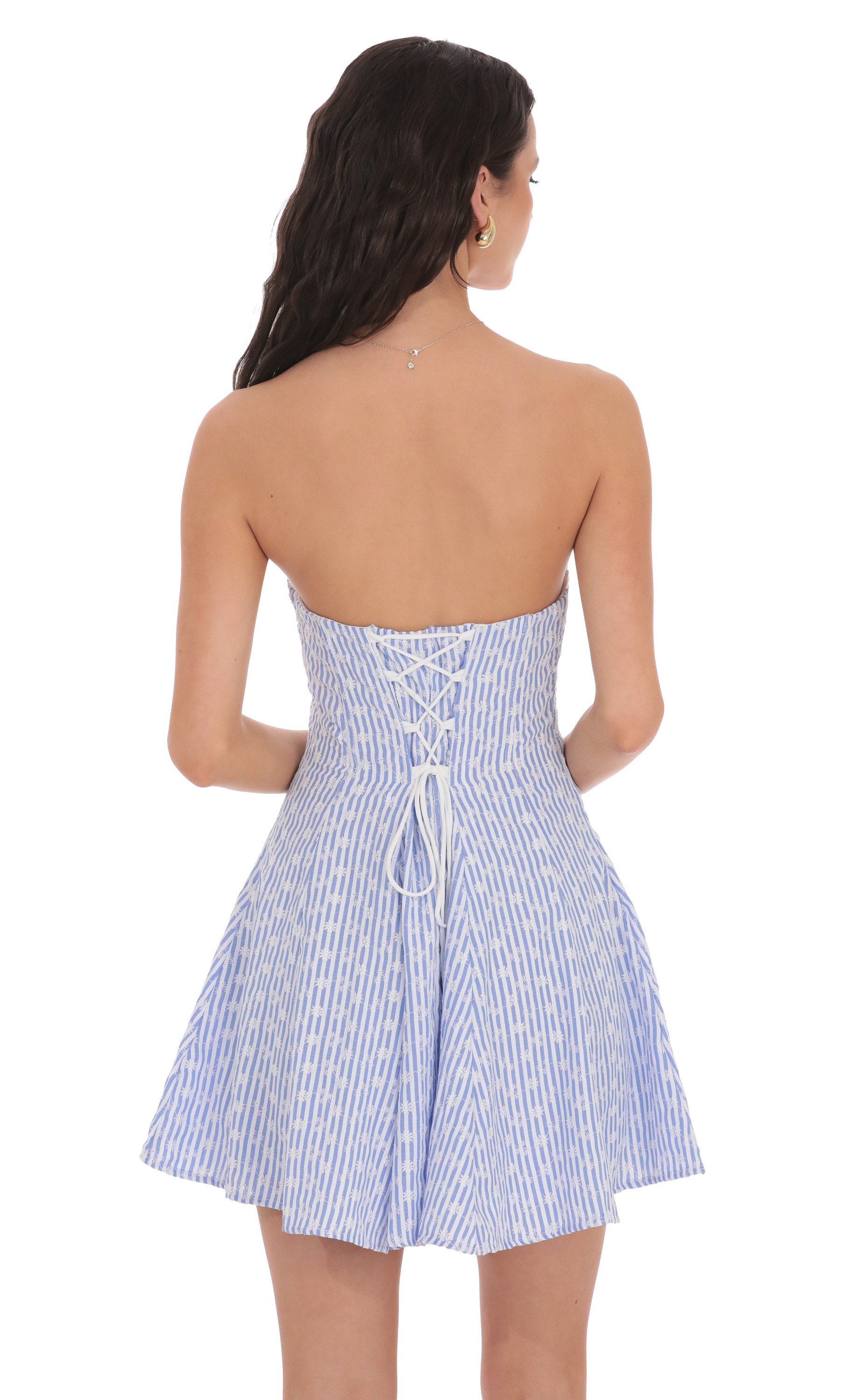 Striped Floral Strapless Dress in Blue and White-My Sky Diva