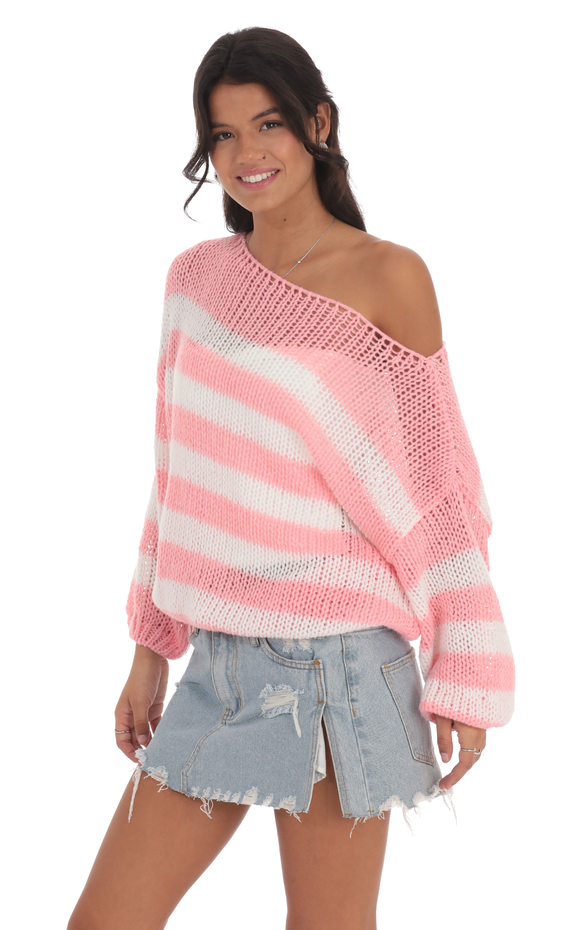 Open Knit Striped Jumper in Pink and White-My Sky Diva