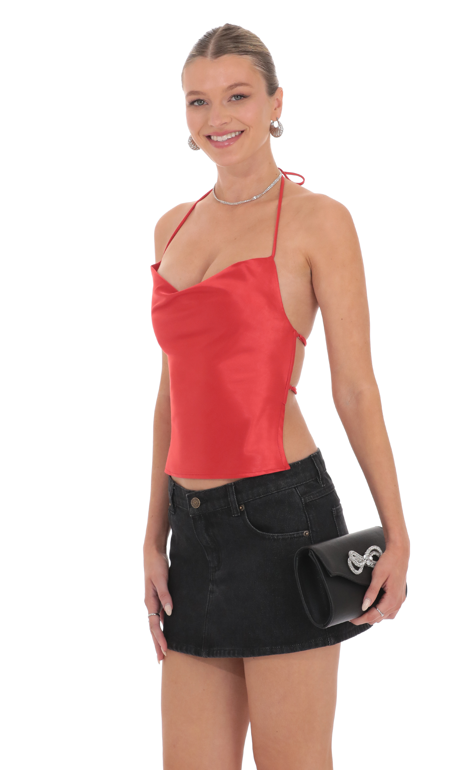Satin Cowl Neck Top in Red-My Sky Diva