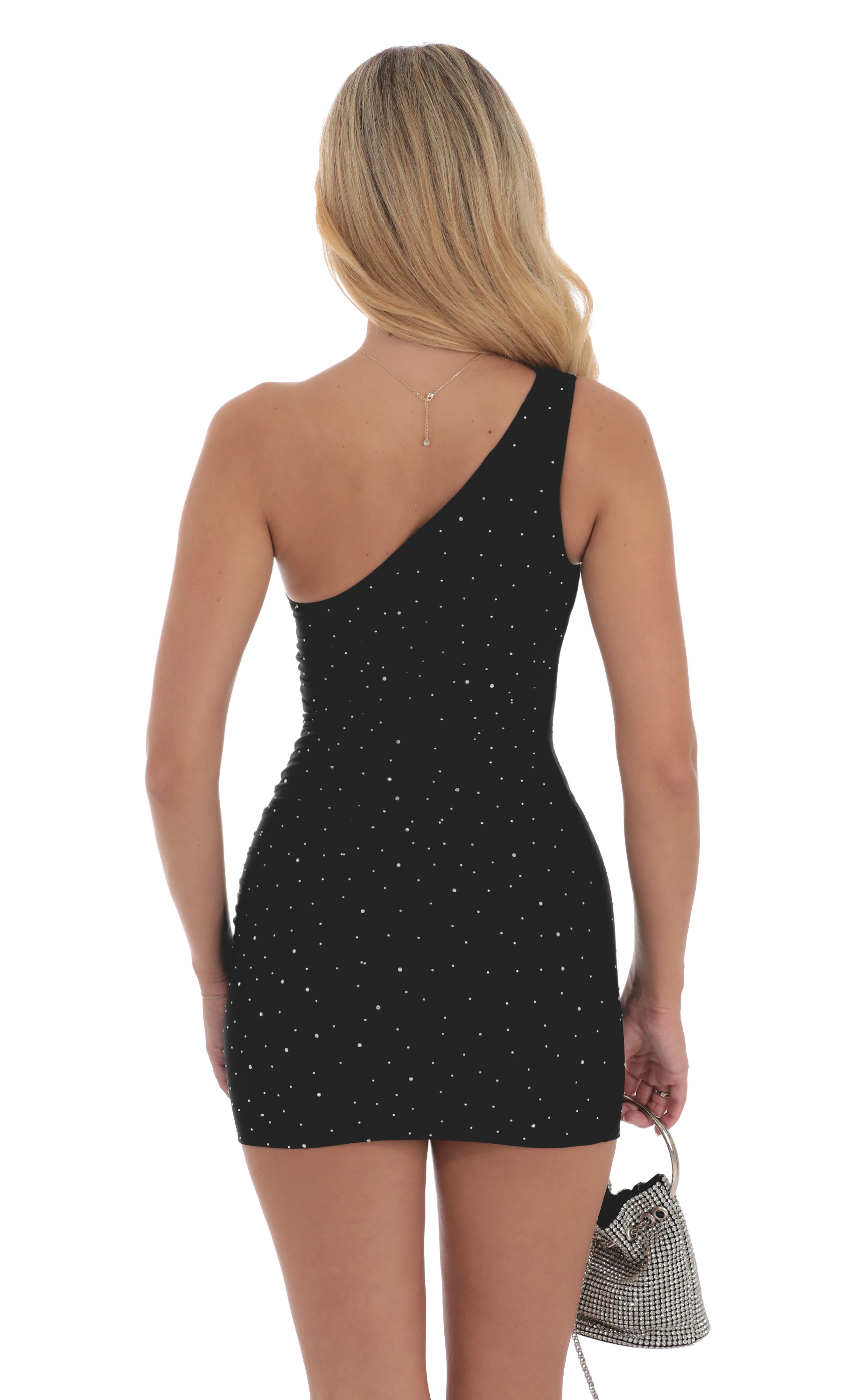 Rhinestone One Shoulder Dress in Black-My Sky Diva
