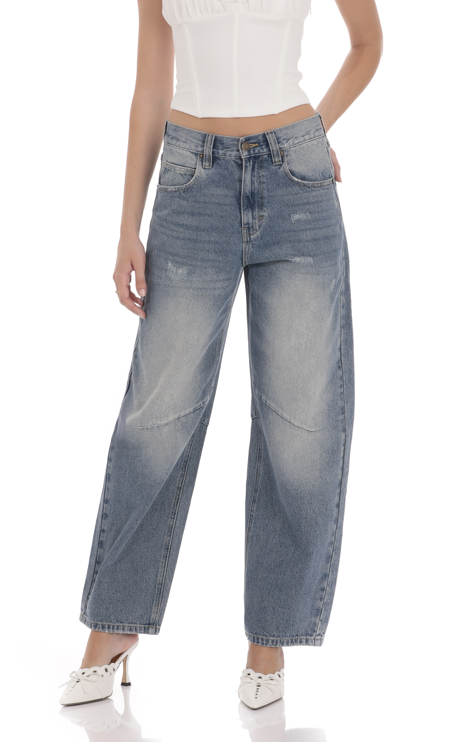 Distress Barrel Jeans in Faded Denim-My Sky Diva