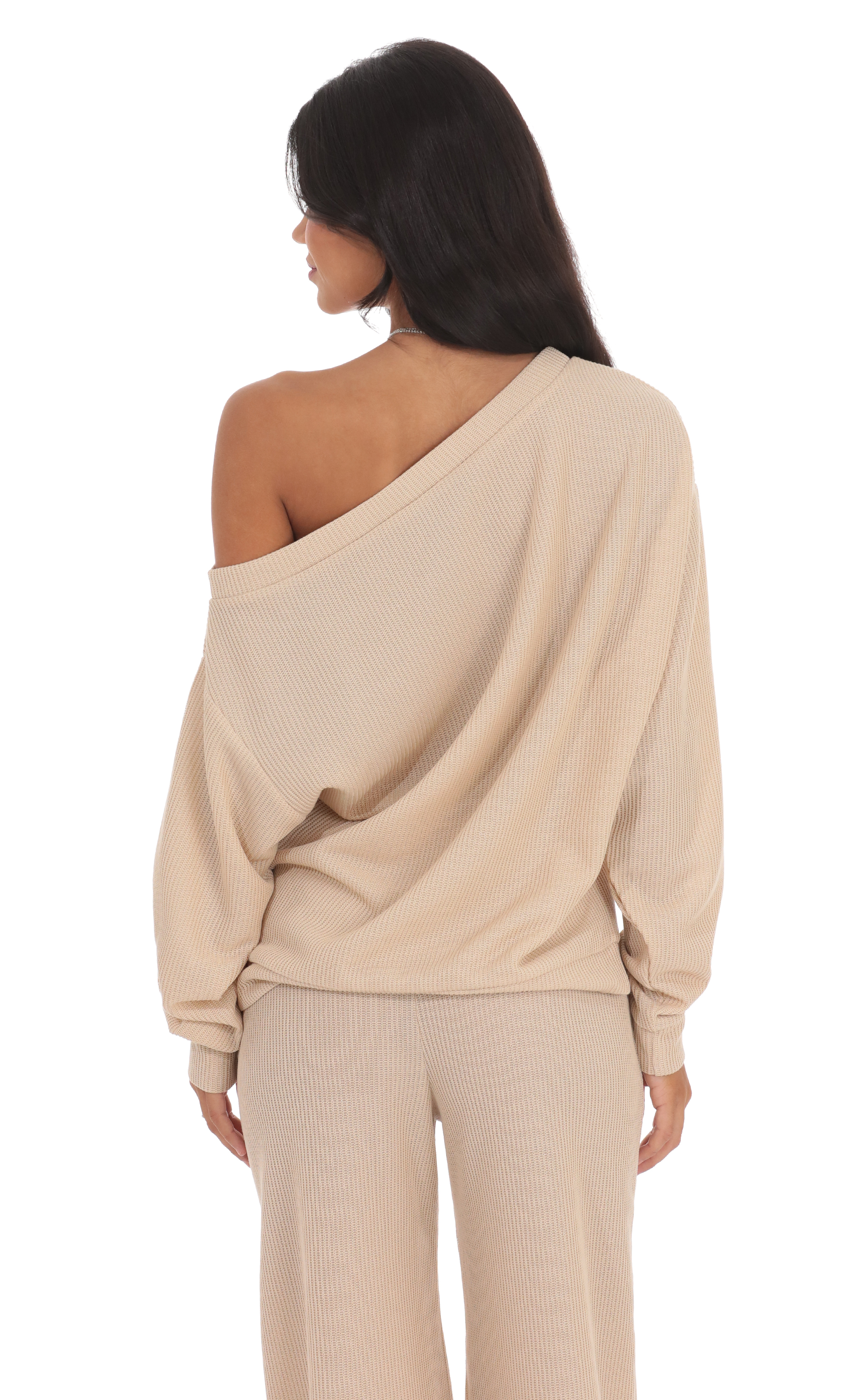 Off Shoulder Knit Oversized Jumper in Beige-My Sky Diva