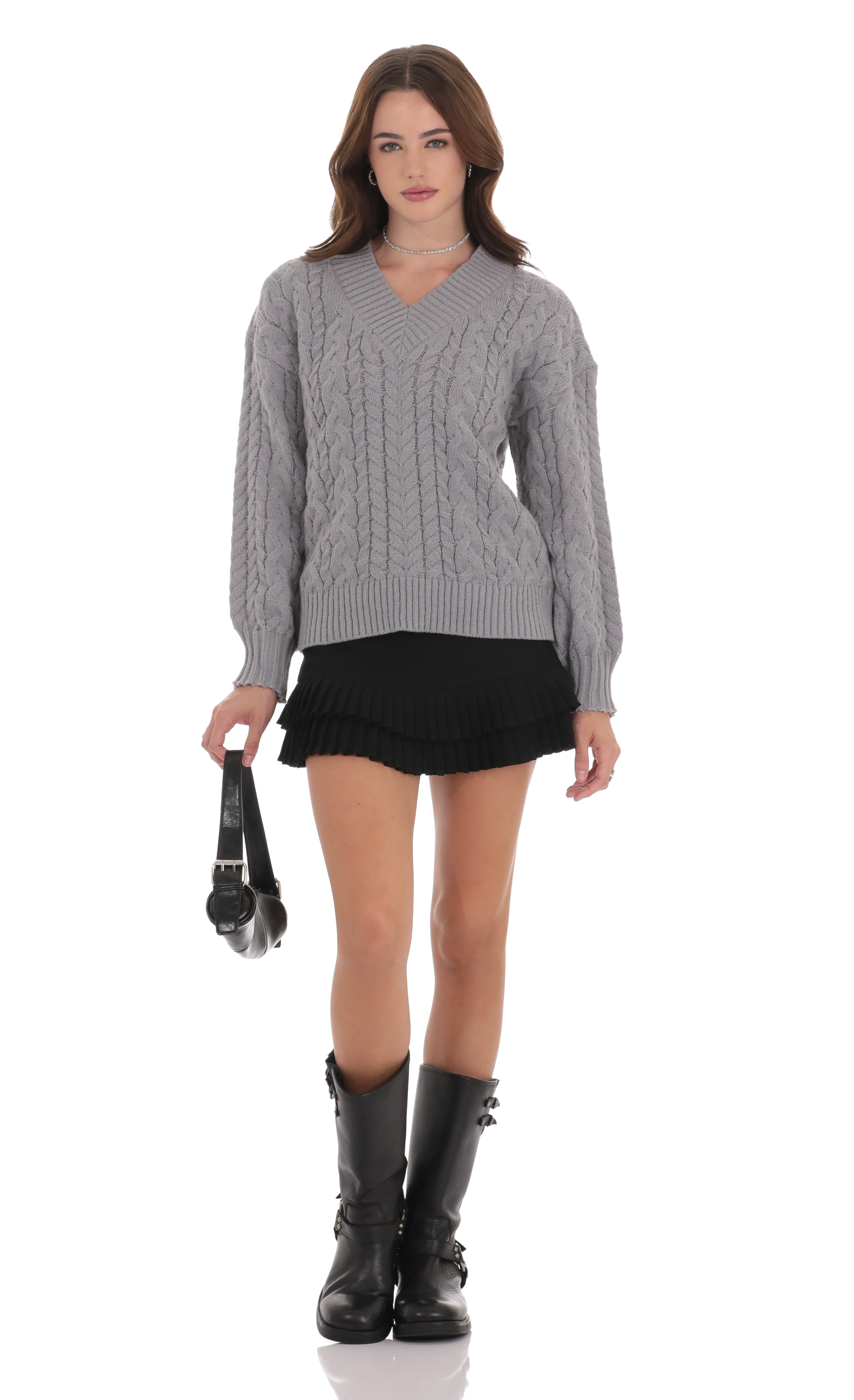 Cable Knit V-Neck Jumper in Grey-My Sky Diva