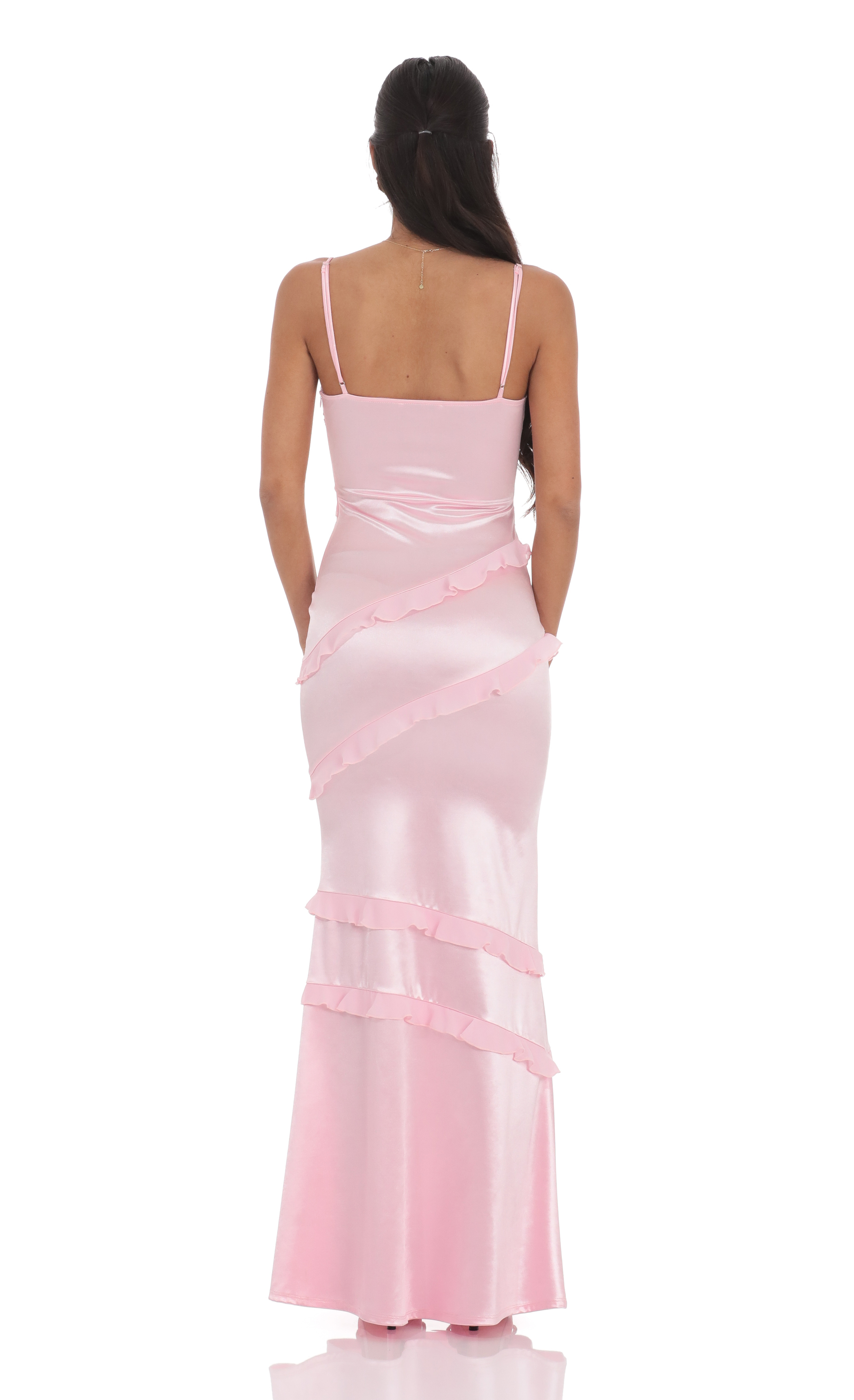 Satin V-Neck Ruffle Mermaid Maxi Dress in Pink-My Sky Diva