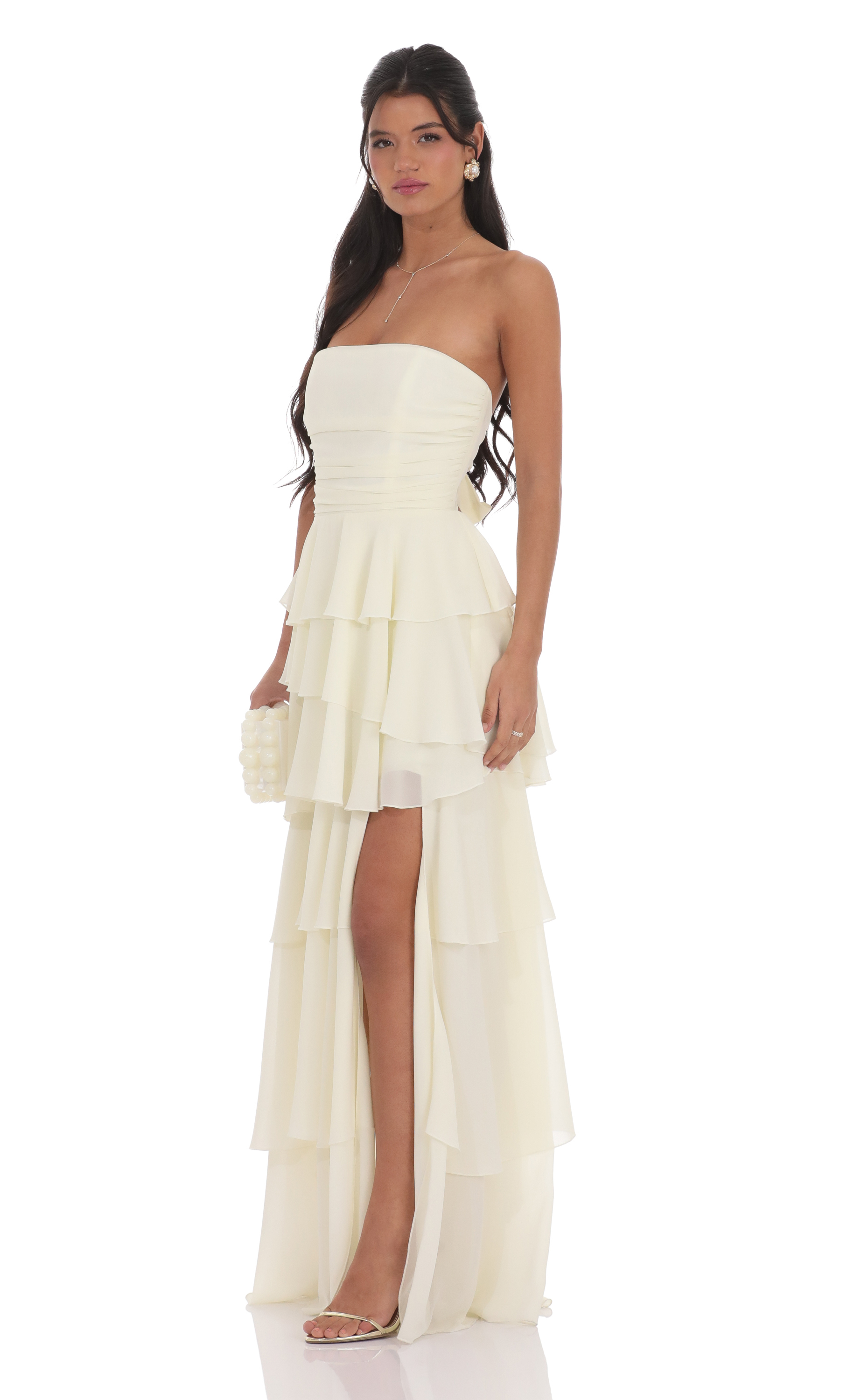 Corset Ruffle Strapless Maxi Dress in Pastel Yellow-My Sky Diva