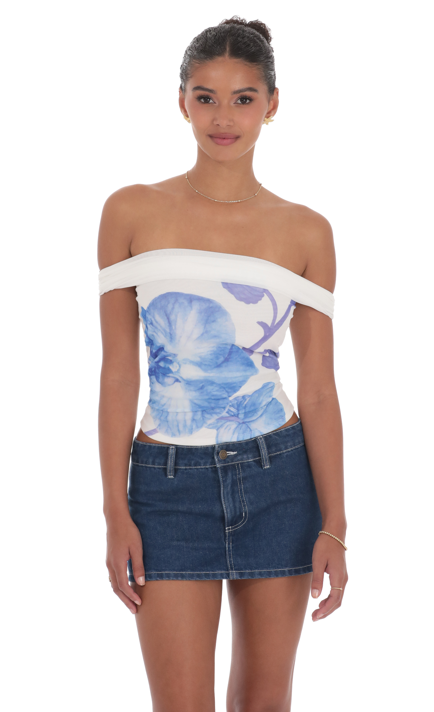 Floral Mesh Off Shoulder Top in White-My Sky Diva