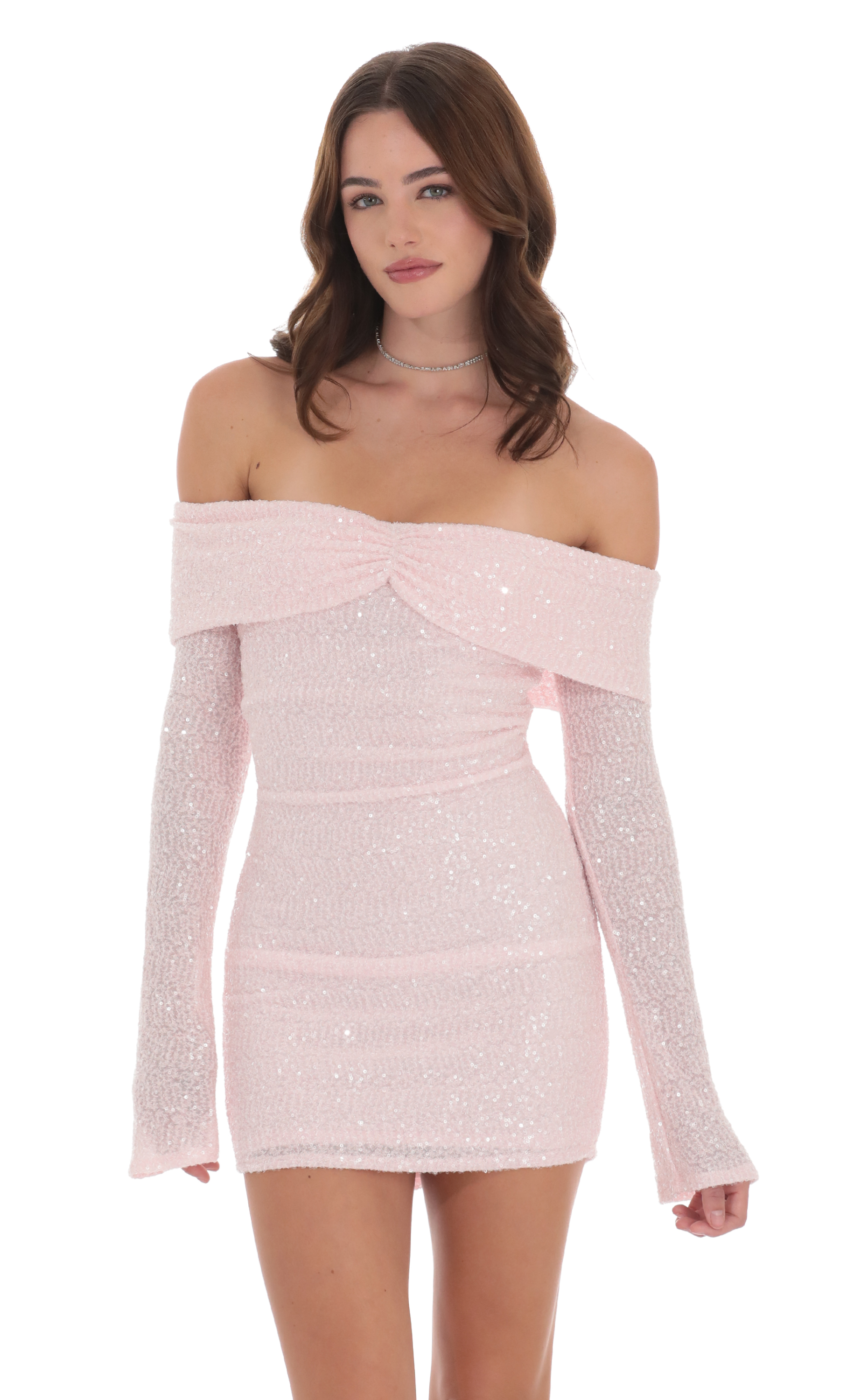 Sequin Off Shoulder Dress in Pink-My Sky Diva