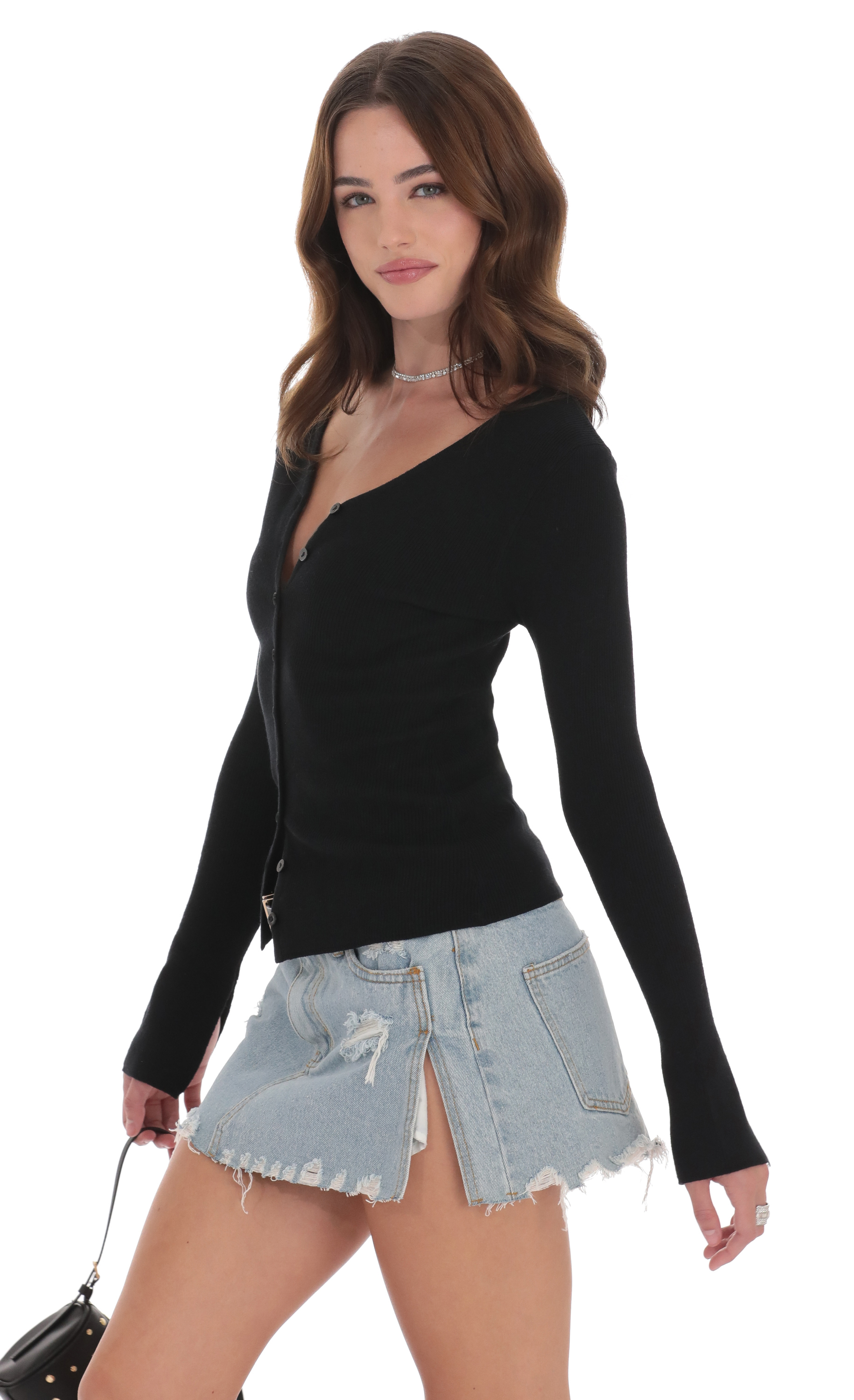 V-Neck Ribbed Cardigan in Black-My Sky Diva