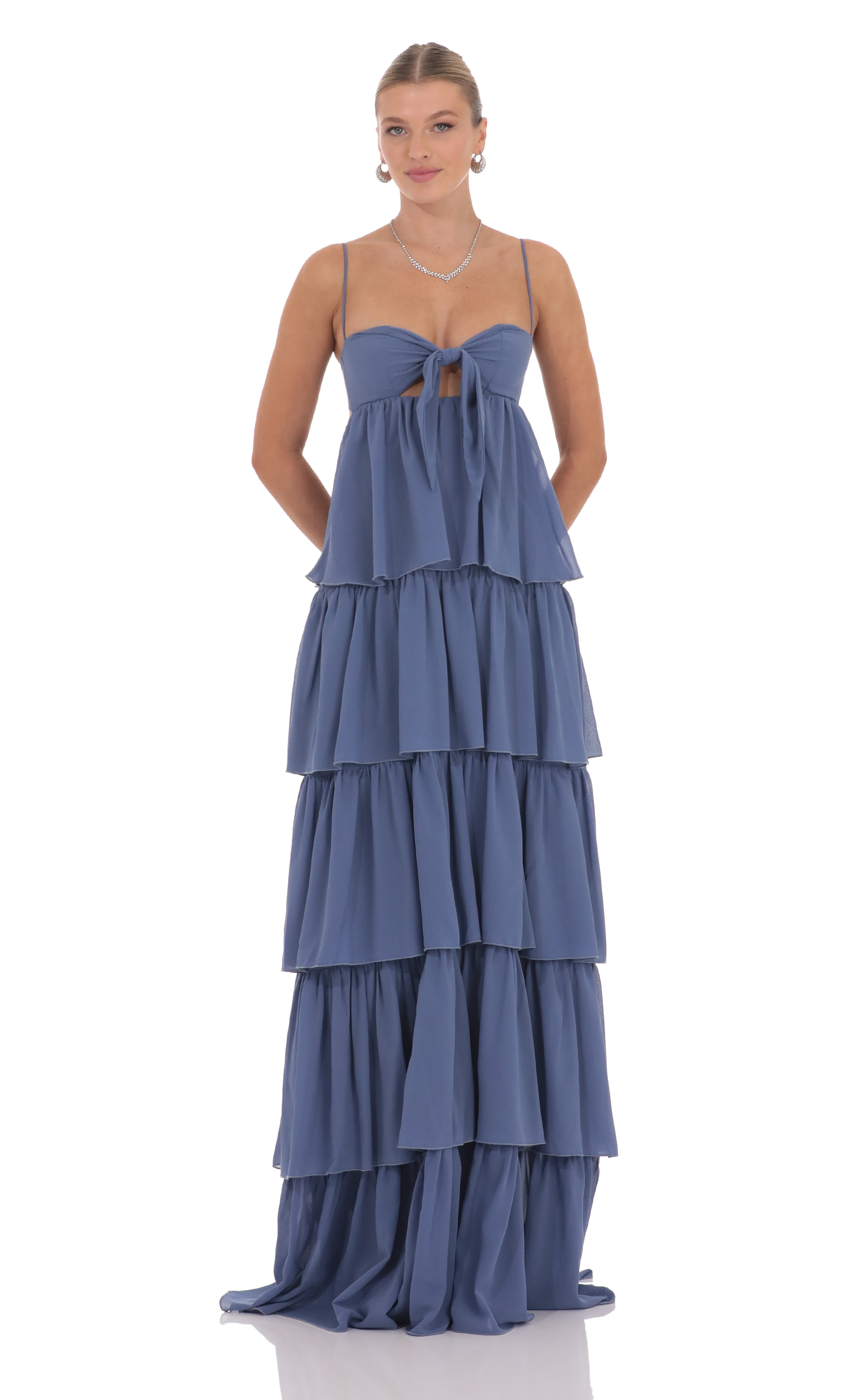 Chiffon Front Tie Ruffle Dress in Denim Blue-My Sky Diva