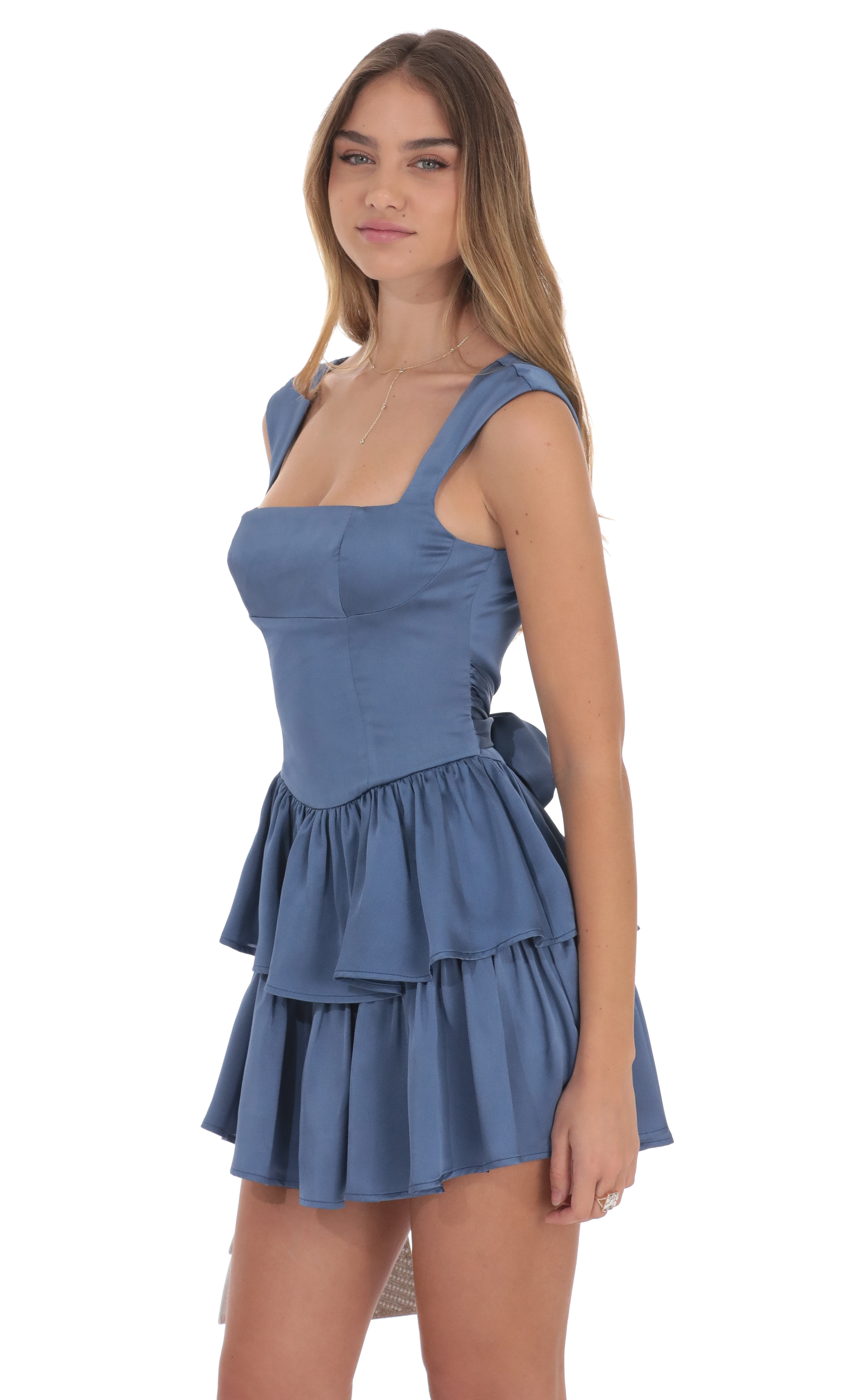 Satin Wide Strap Ruffle Dress in Denim Blue-My Sky Diva