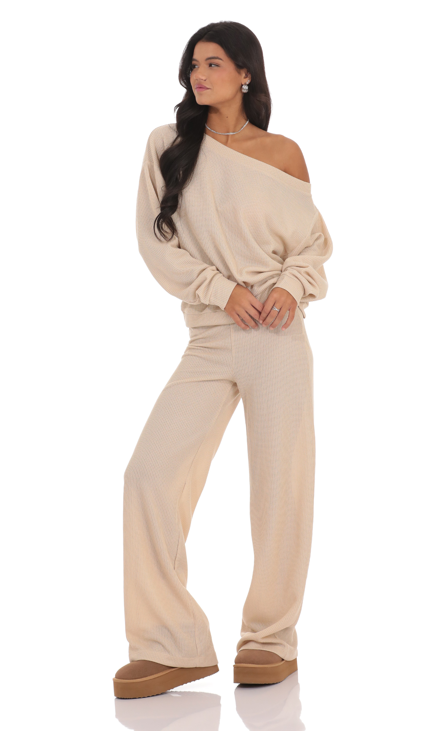 Knit Straight Pants in Beige-My Sky Diva