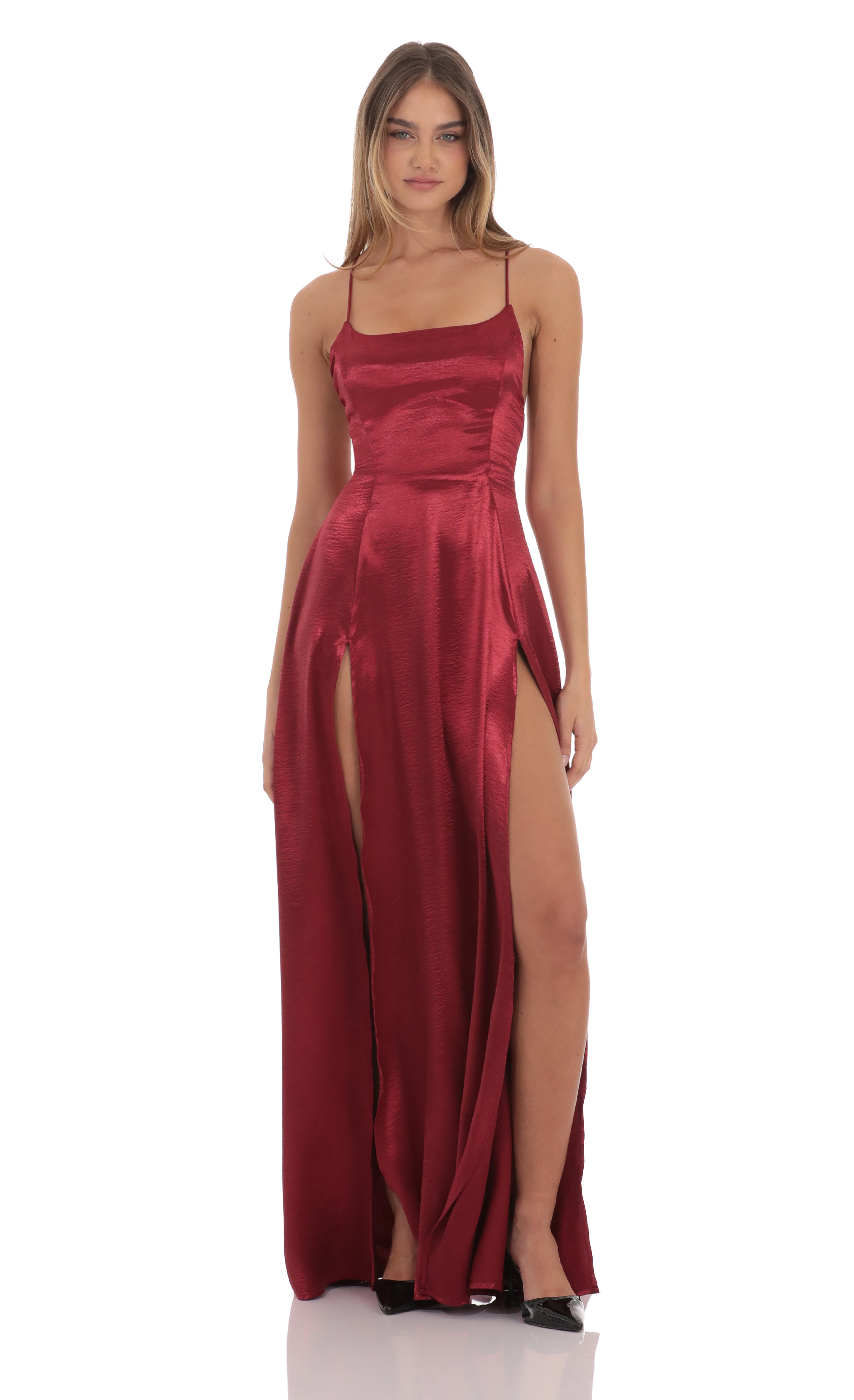 Satin Double Slit Maxi Dress in Deep Red-My Sky Diva