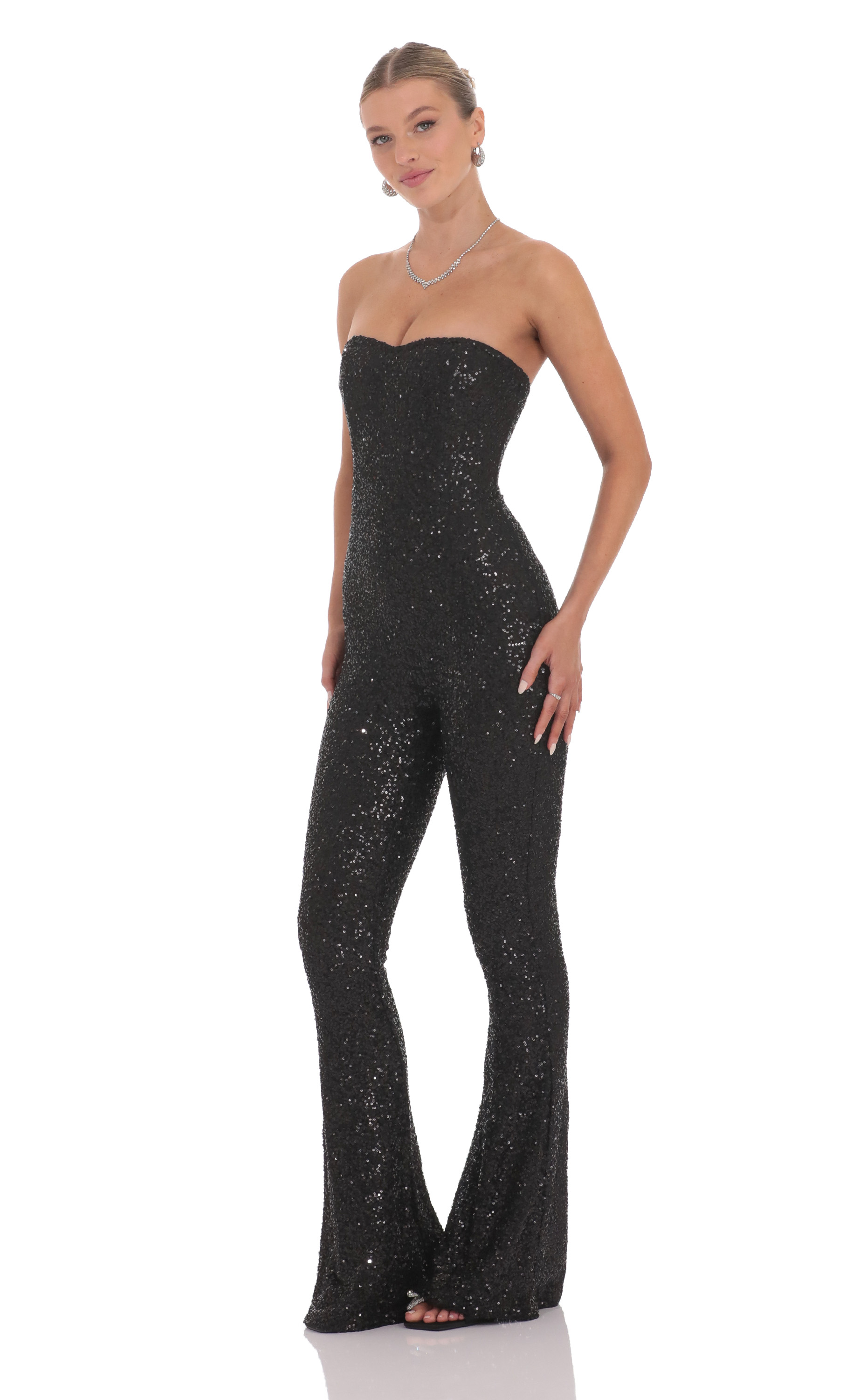 Sequin Strapless Corset Jumpsuit in Black-My Sky Diva