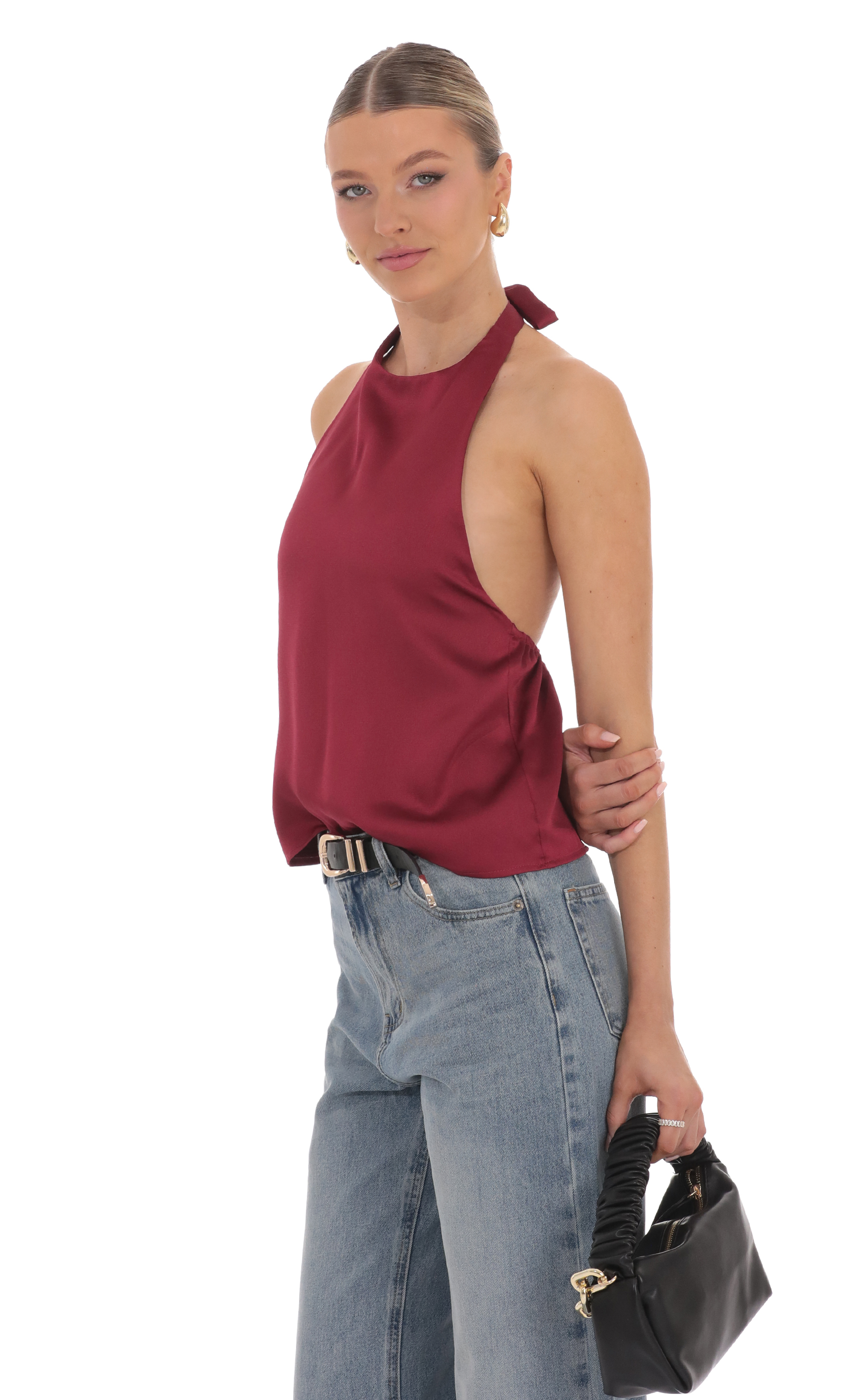 Satin Halter Top in Burgundy-My Sky Diva