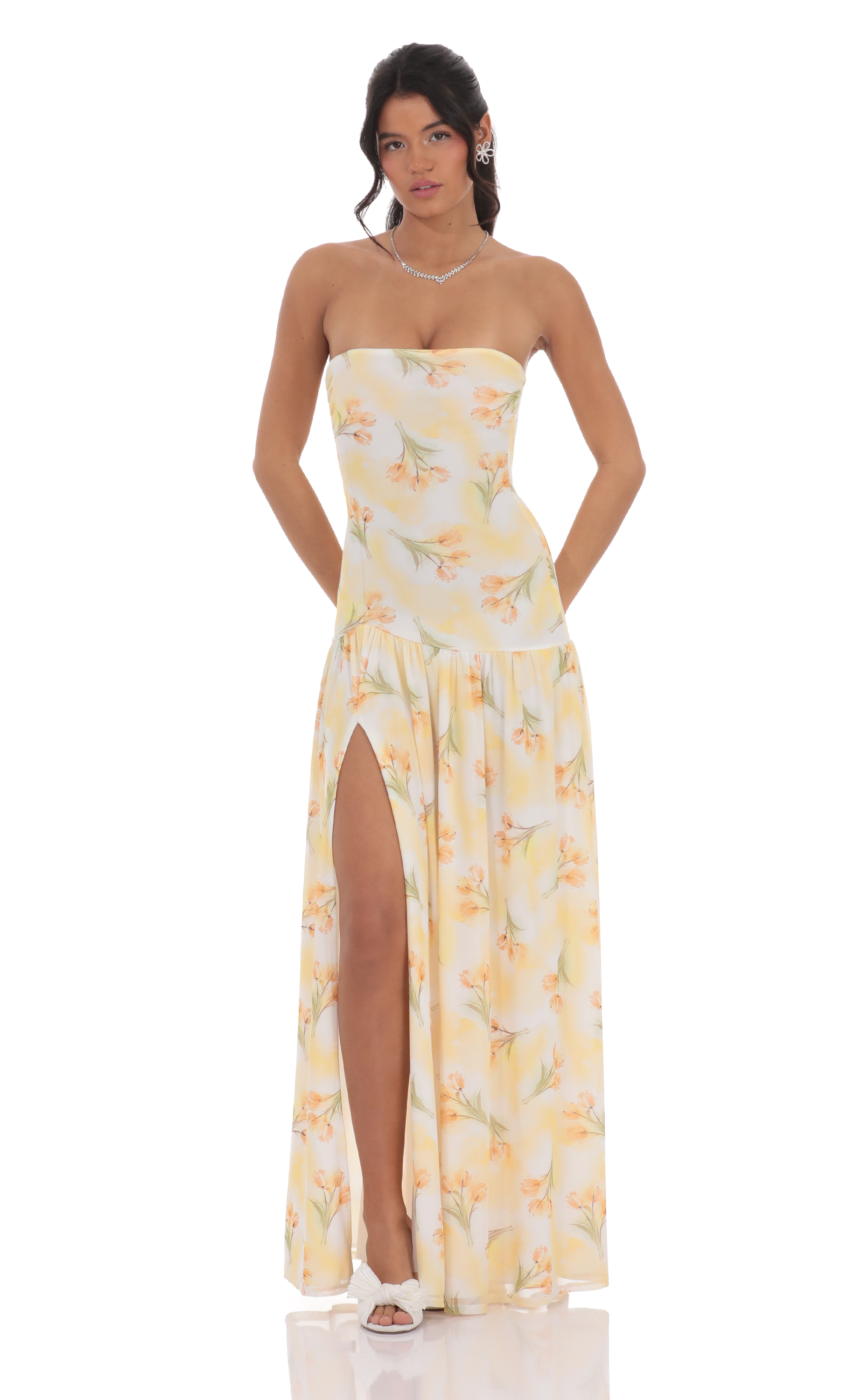 Floral Strapless Drop Waist Maxi Dress in Yellow-My Sky Diva