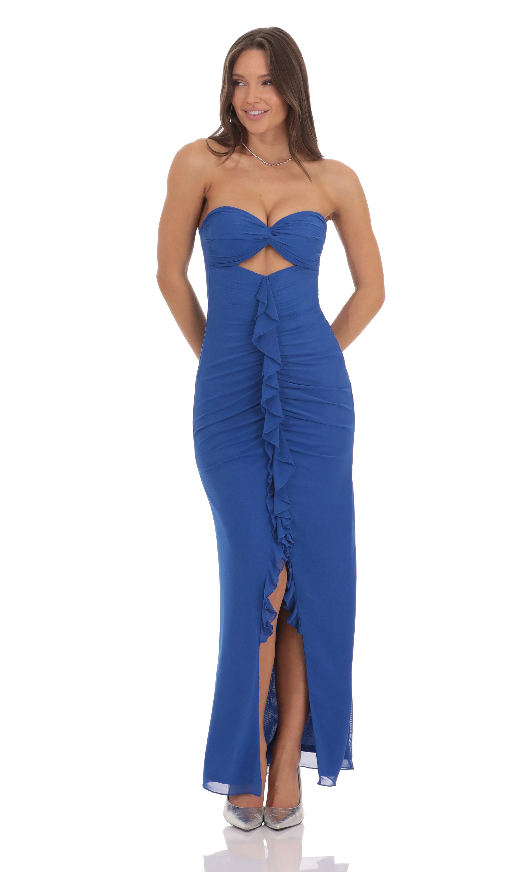 Mesh Cutout Ruffle Maxi Dress in Blue-My Sky Diva