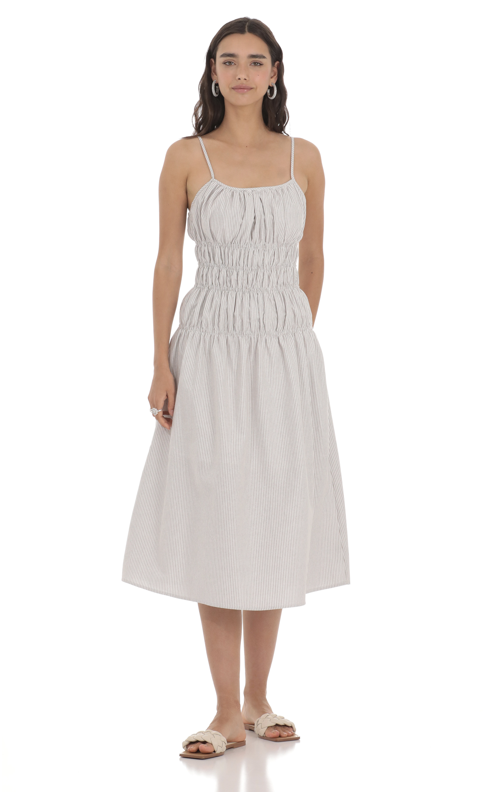 Ruched Striped Midi Dress in Grey-My Sky Diva