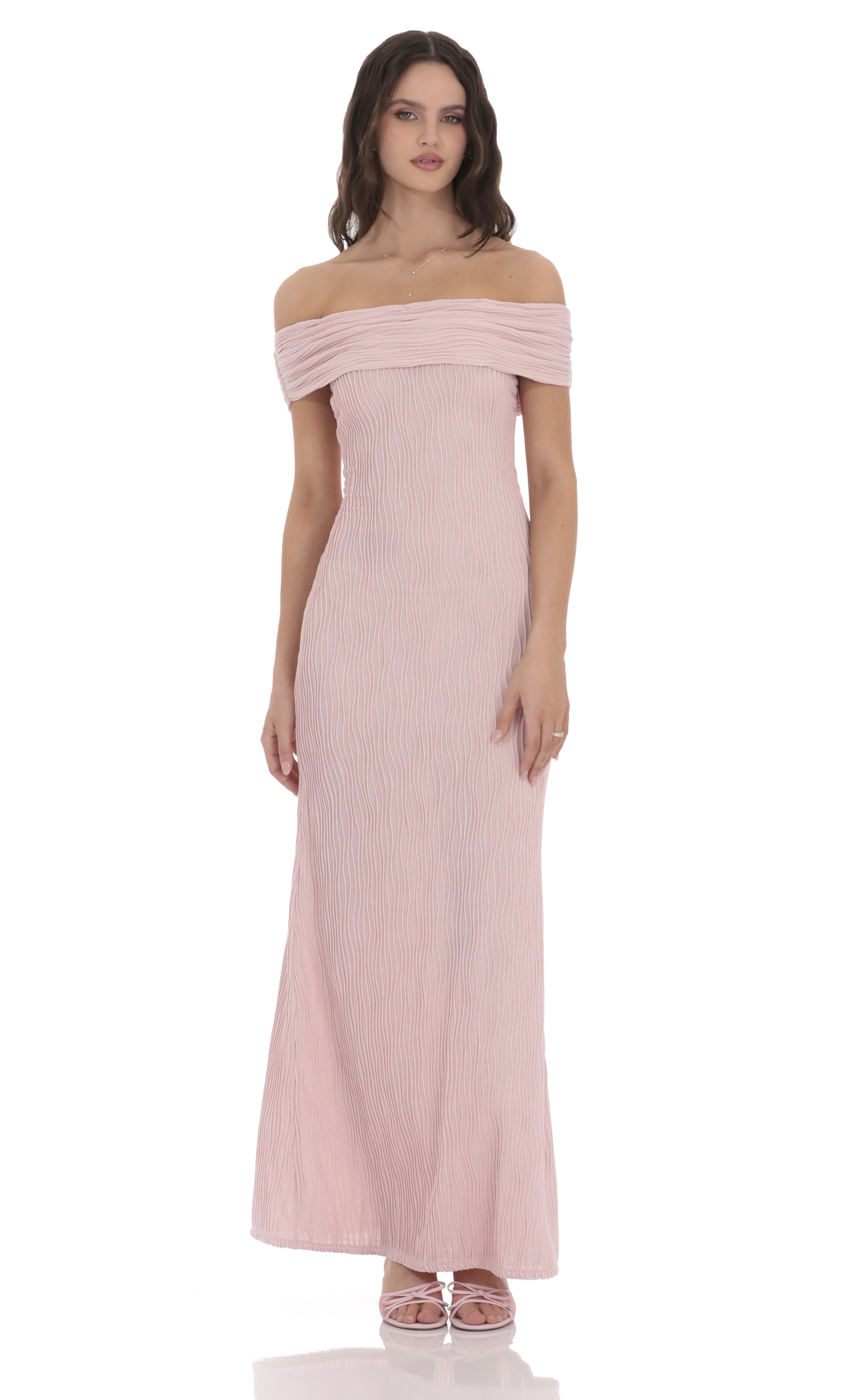 Textured Off Shoulder Maxi Dress in Blush Pink-My Sky Diva