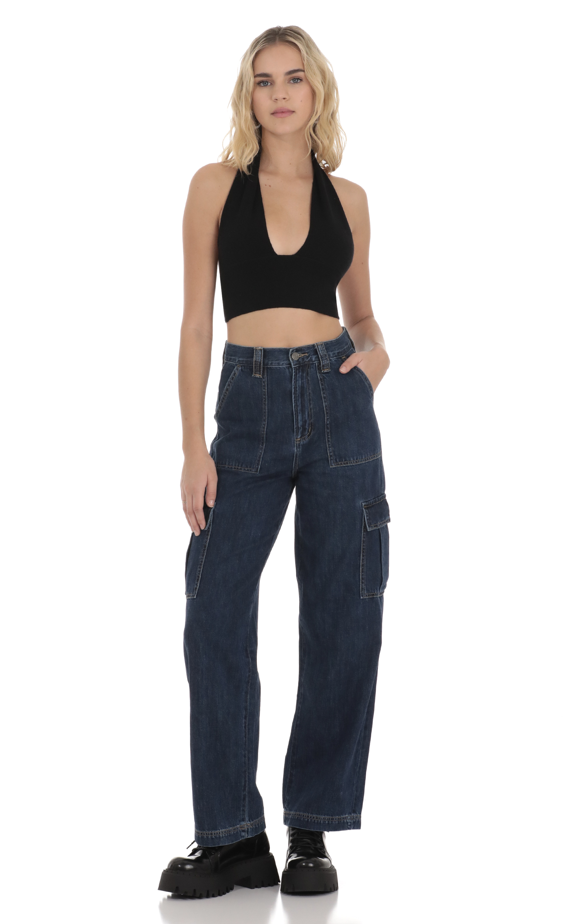 Wide Leg Cargo Jeans in Dark Denim-My Sky Diva