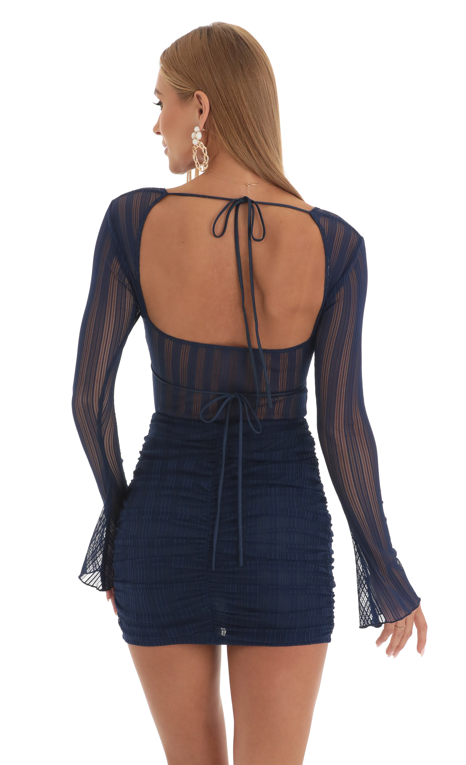 Sheer Mesh Long Sleeve Dress in Navy-My Sky Diva