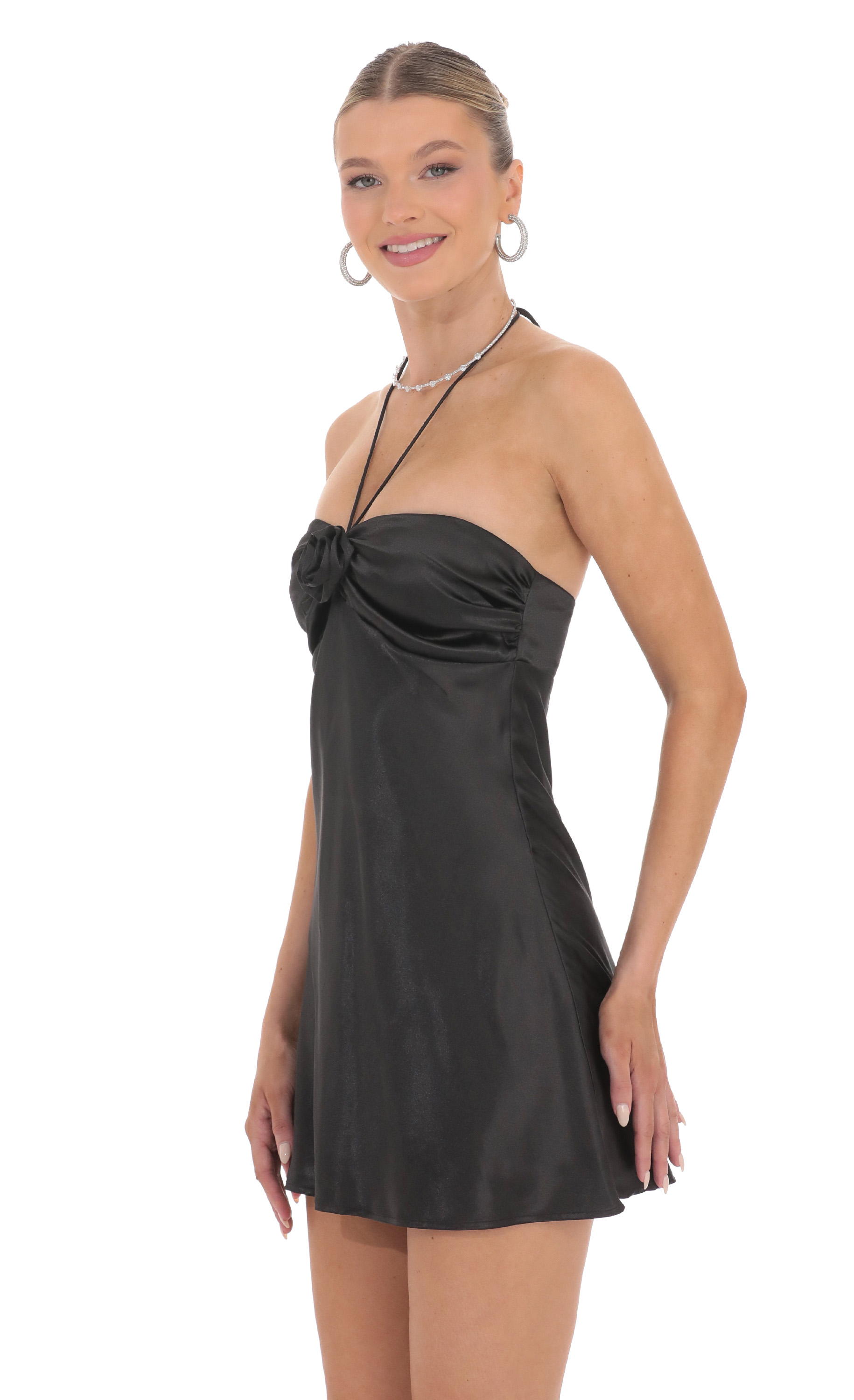 Flower Satin Halter Dress in Black-My Sky Diva