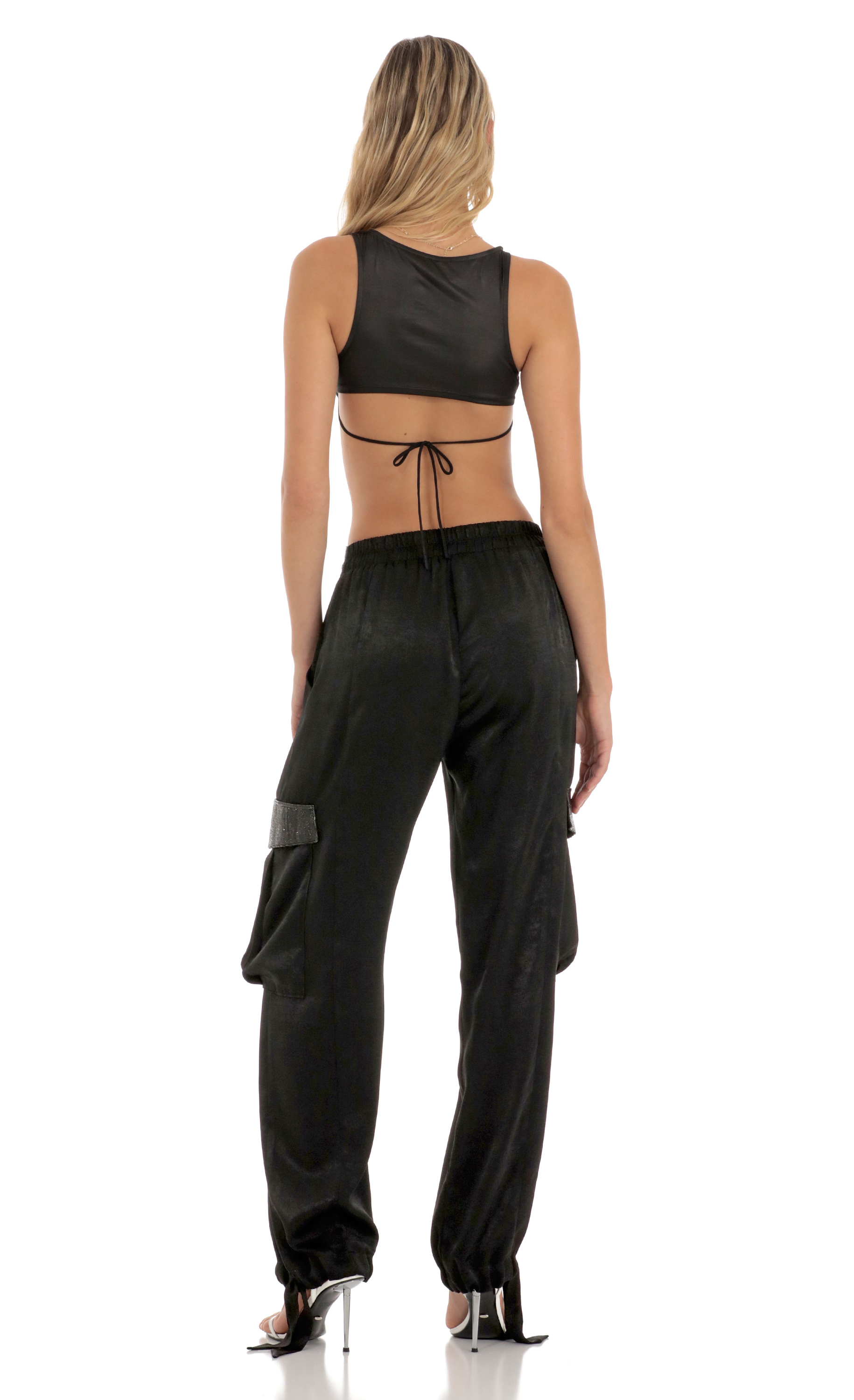 Rhinestone Satin Pants in Black-My Sky Diva