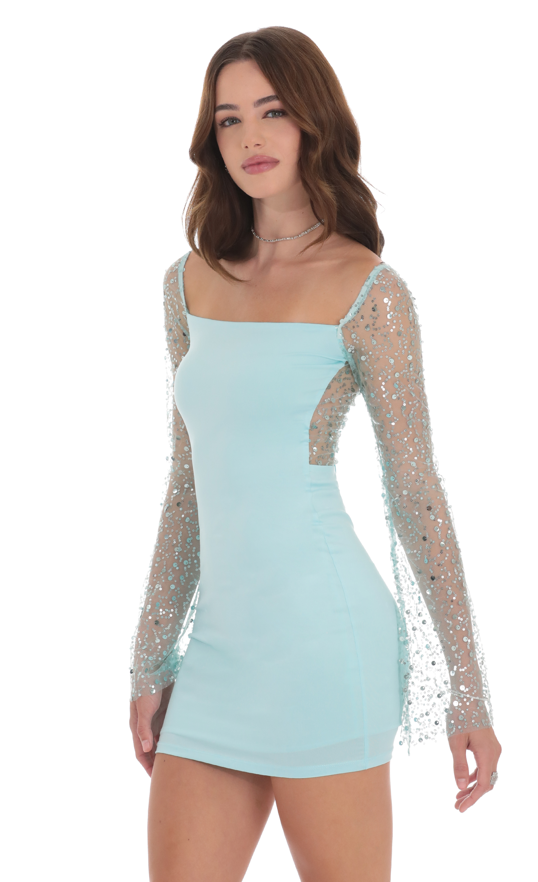 Sequin Long Sleeve Dress in Sky Blue-My Sky Diva