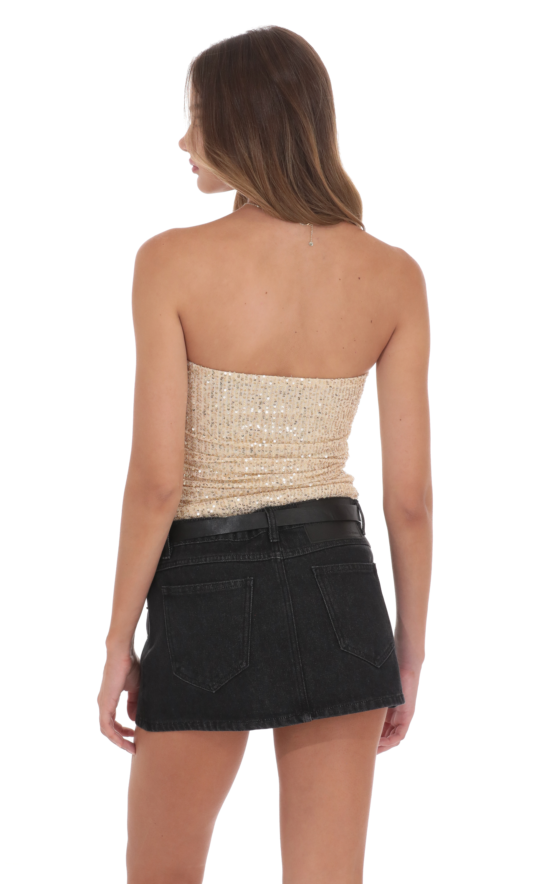Sequin Ruched Tube Top in Gold-My Sky Diva