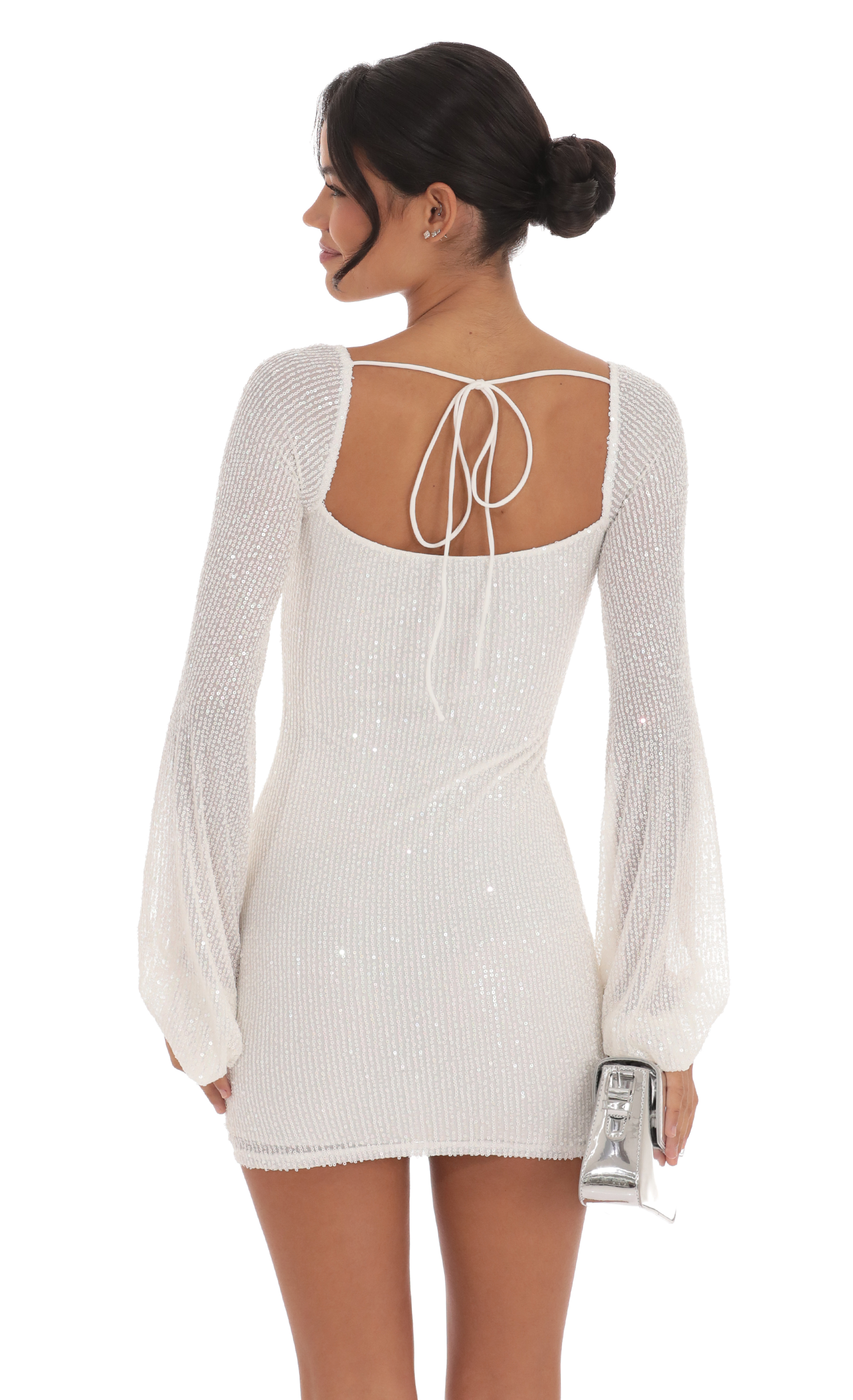Sequin Balloon Sleeve Dress in White-My Sky Diva