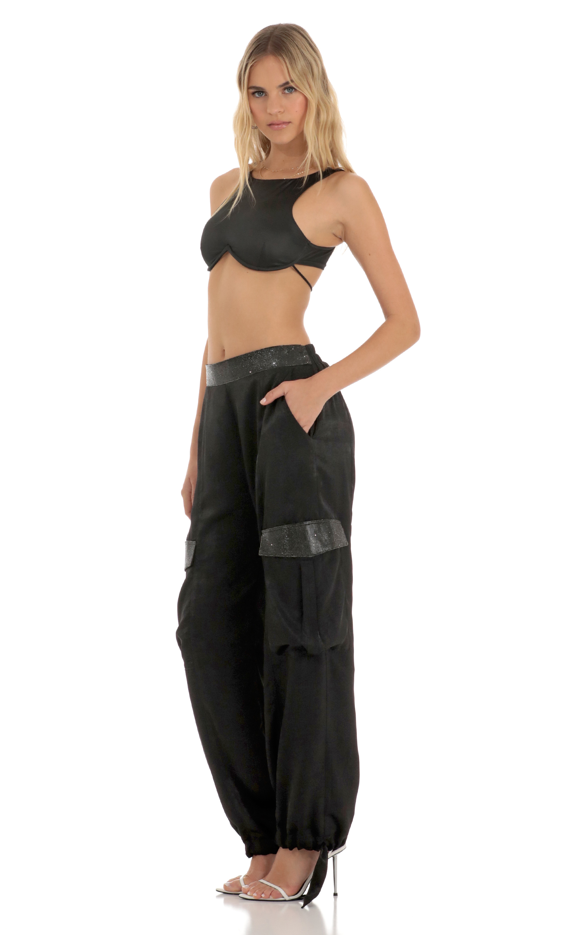 Rhinestone Satin Pants in Black-My Sky Diva