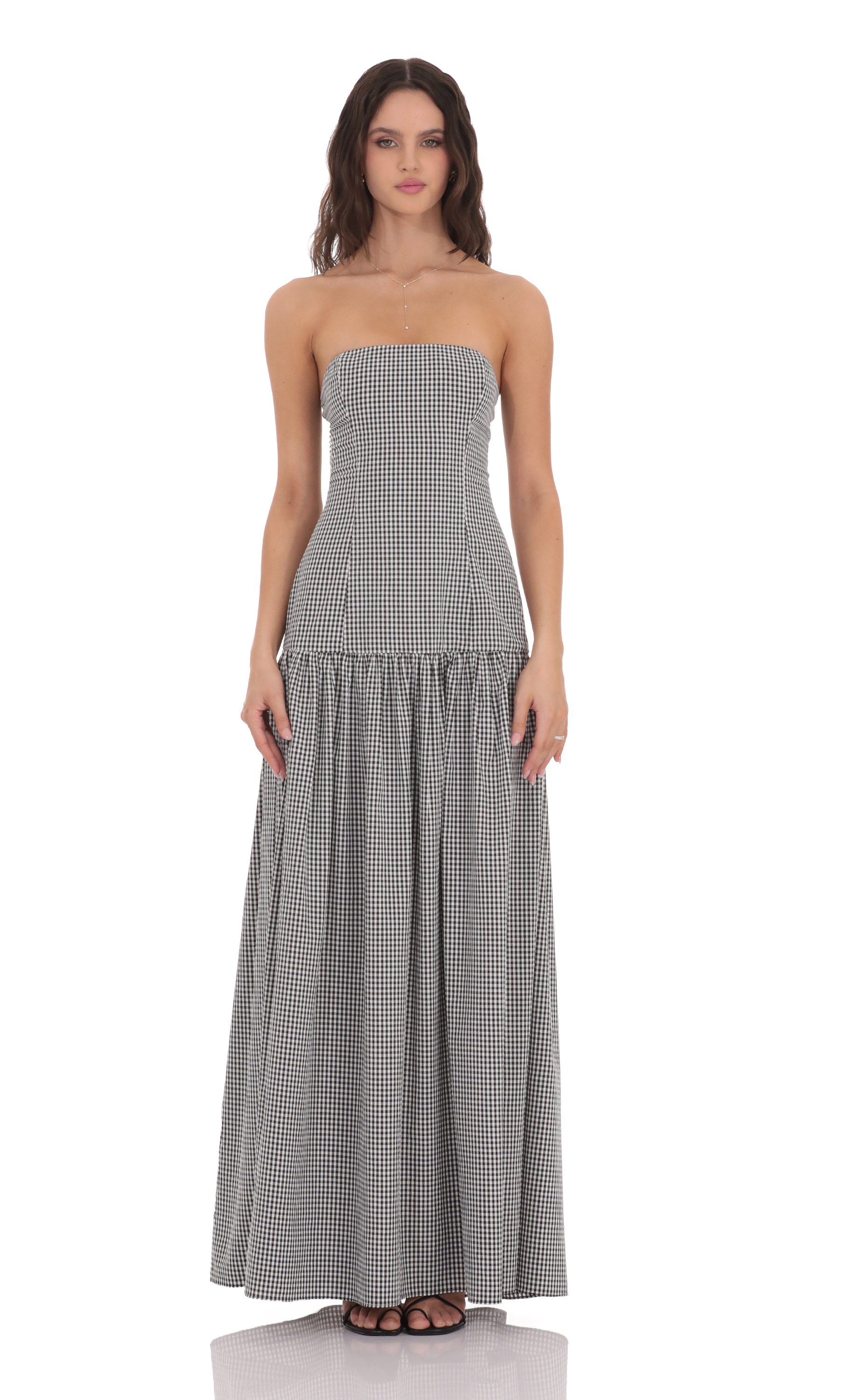 Gingham Strapless Drop Waist Maxi Dress in Black-My Sky Diva